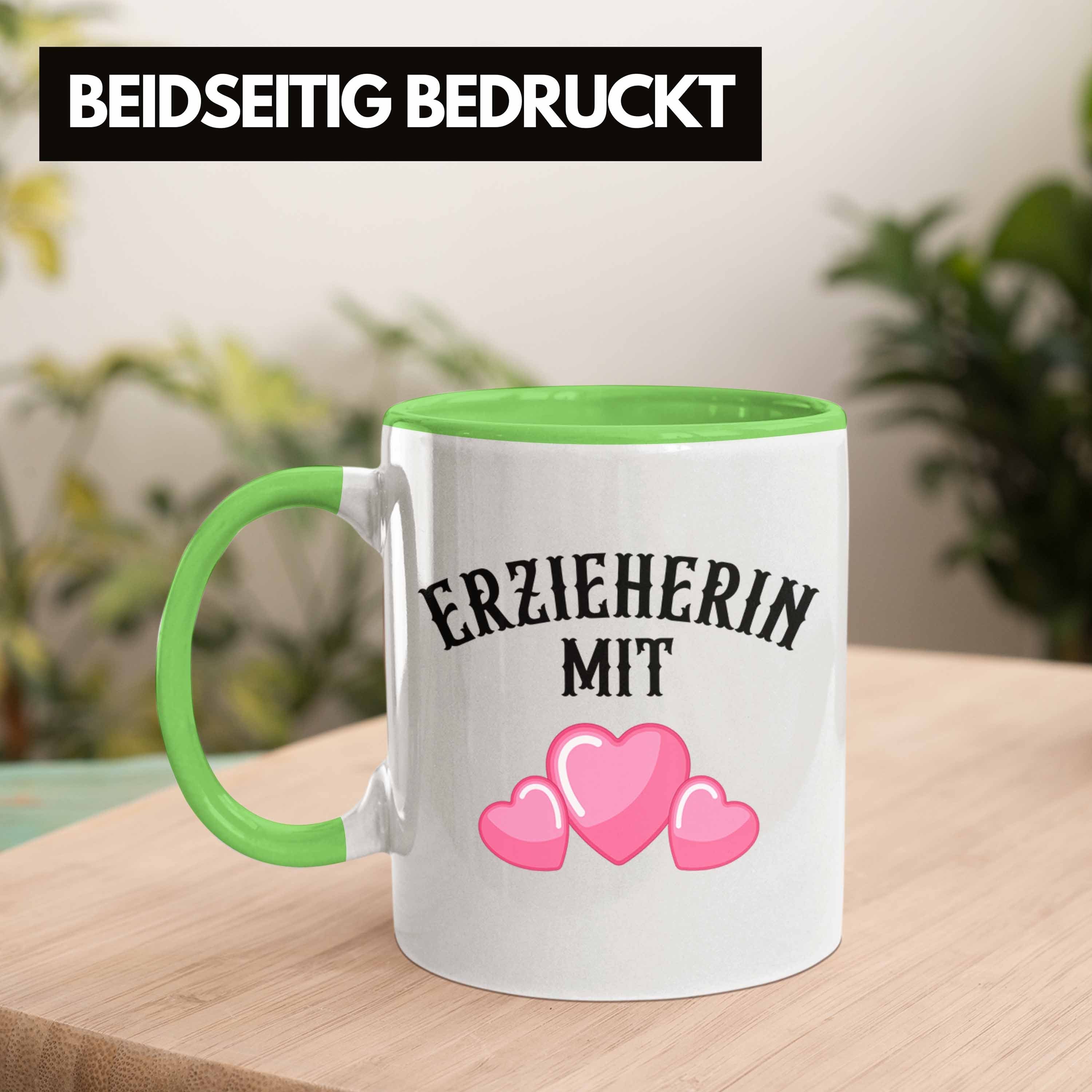 Trendation Herz Tasse Grün Kindergarten Erzieherin Lustig Geschenke Abschied - Tasse Kaffeetasse Abschiedsgeschenk Geschenk Trendation Erzieherin zum Mit