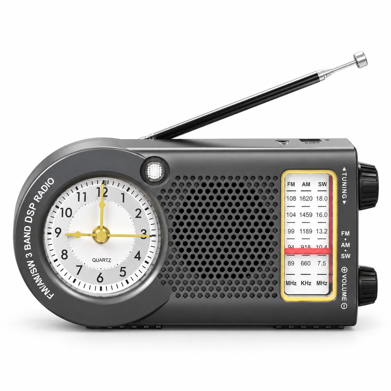 Lisabonde Radio Weltempfänger mit Uhr FM AM SW DSP Tragbar Grau Radio (MW (AM), DSP-Empfänger, Manuelle Senderwahl, UKW (FM), KW (SW), 3 W, DSP-Chip für verbesserten Empfang, Teleskopantenne)