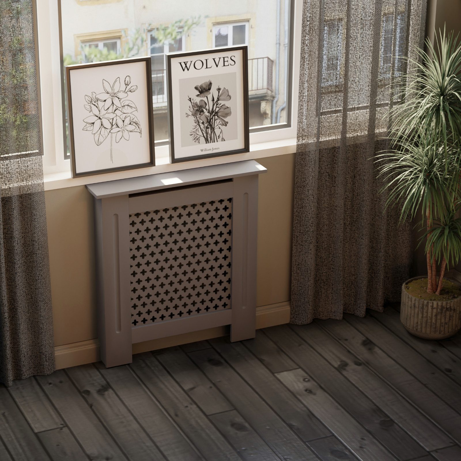 HAGO Heizungsverkleidung Heizungsabdeckung Holz 78x19x82cm Anthrazit Wabenmuster Regalfläche