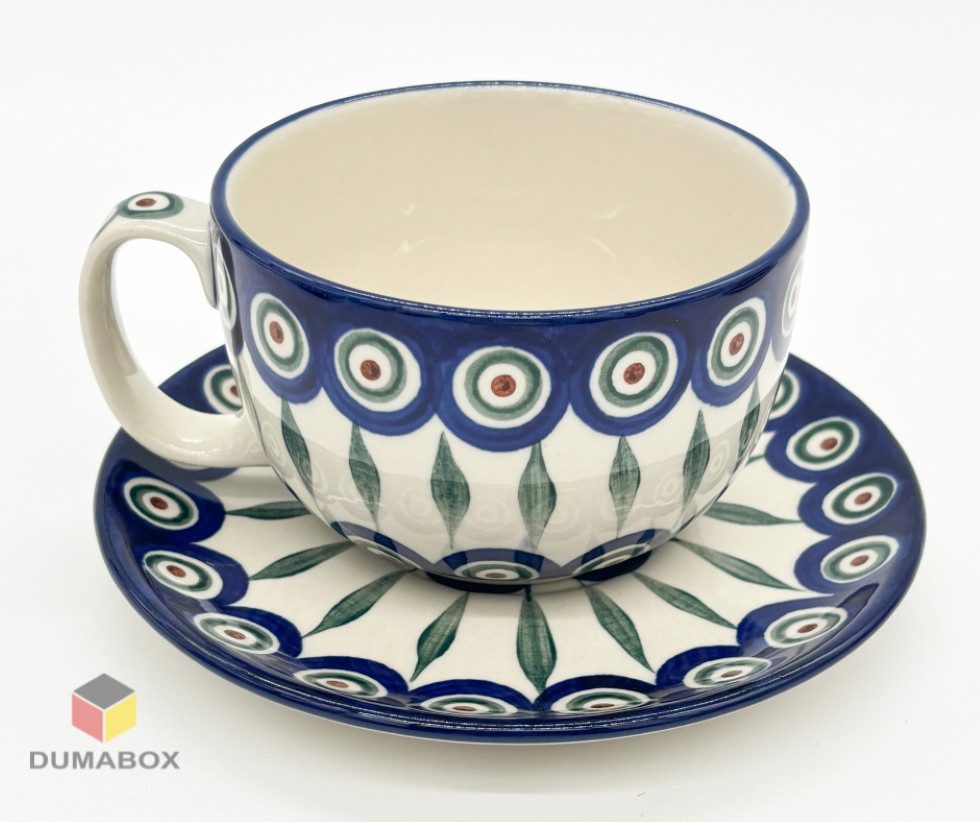 Ceramika Artystyczna Bolesławiec Tasse Handgefertigte Tasse mit Untertasse Bunzlauer Keramik 350 ml