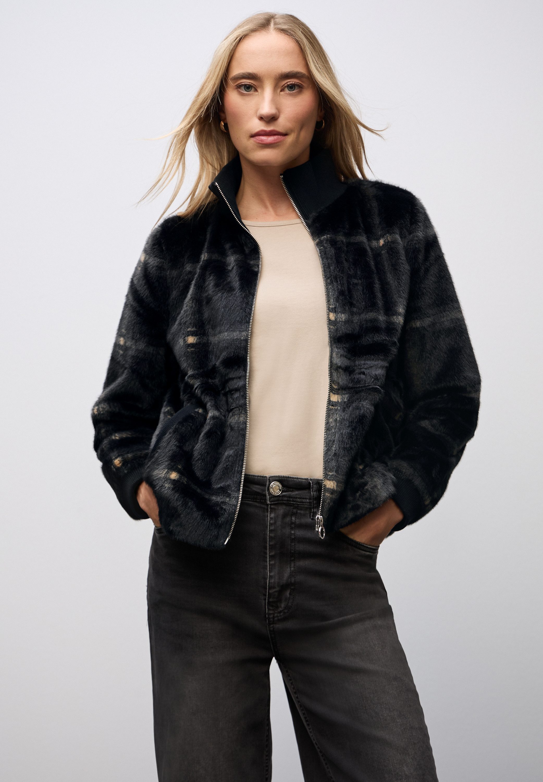 STREET ONE Fellimitatjacke Karierte Fake Fur günstig online kaufen