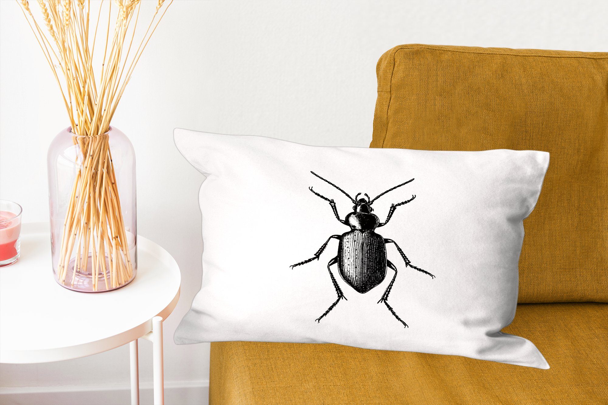 Käfer weiß, Füllung, mit Schlafzimmer Tiere Schwarz Wohzimmer Dekokissen Vintage MuchoWow - - - Dekokissen Dekoration, Zierkissen, und
