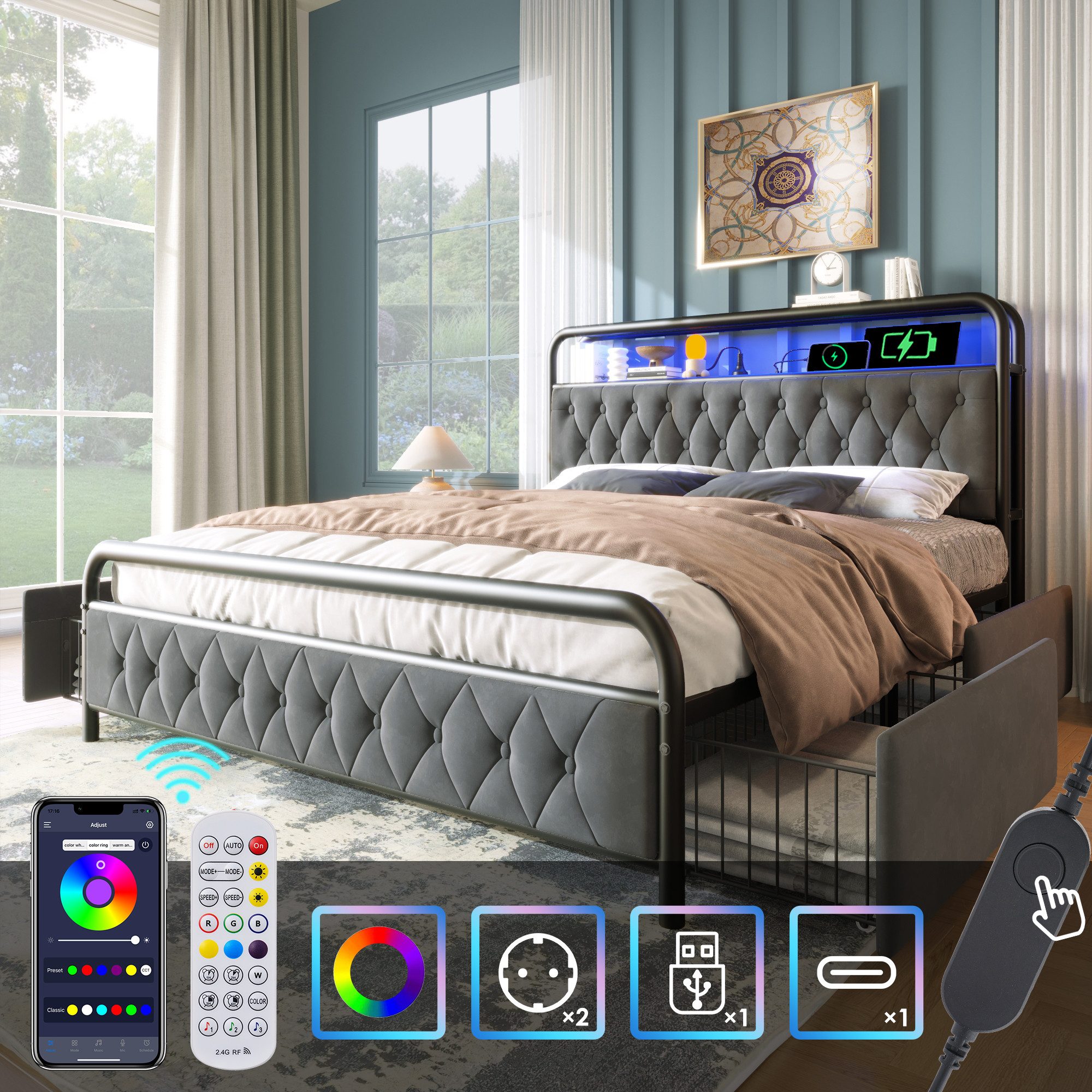 STILVORA Polsterbett Stauraumbett 180×200 Bettgestell Jugendbett mit LED-Be günstig online kaufen
