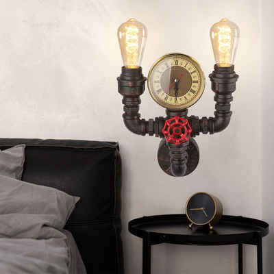 etc-shop LED Wandleuchte, Leuchtmittel inklusive, Warmweiß, Wand Leuchte schwarz Quartz Uhr Wasser Rohr Wohn Zimmer Flur-