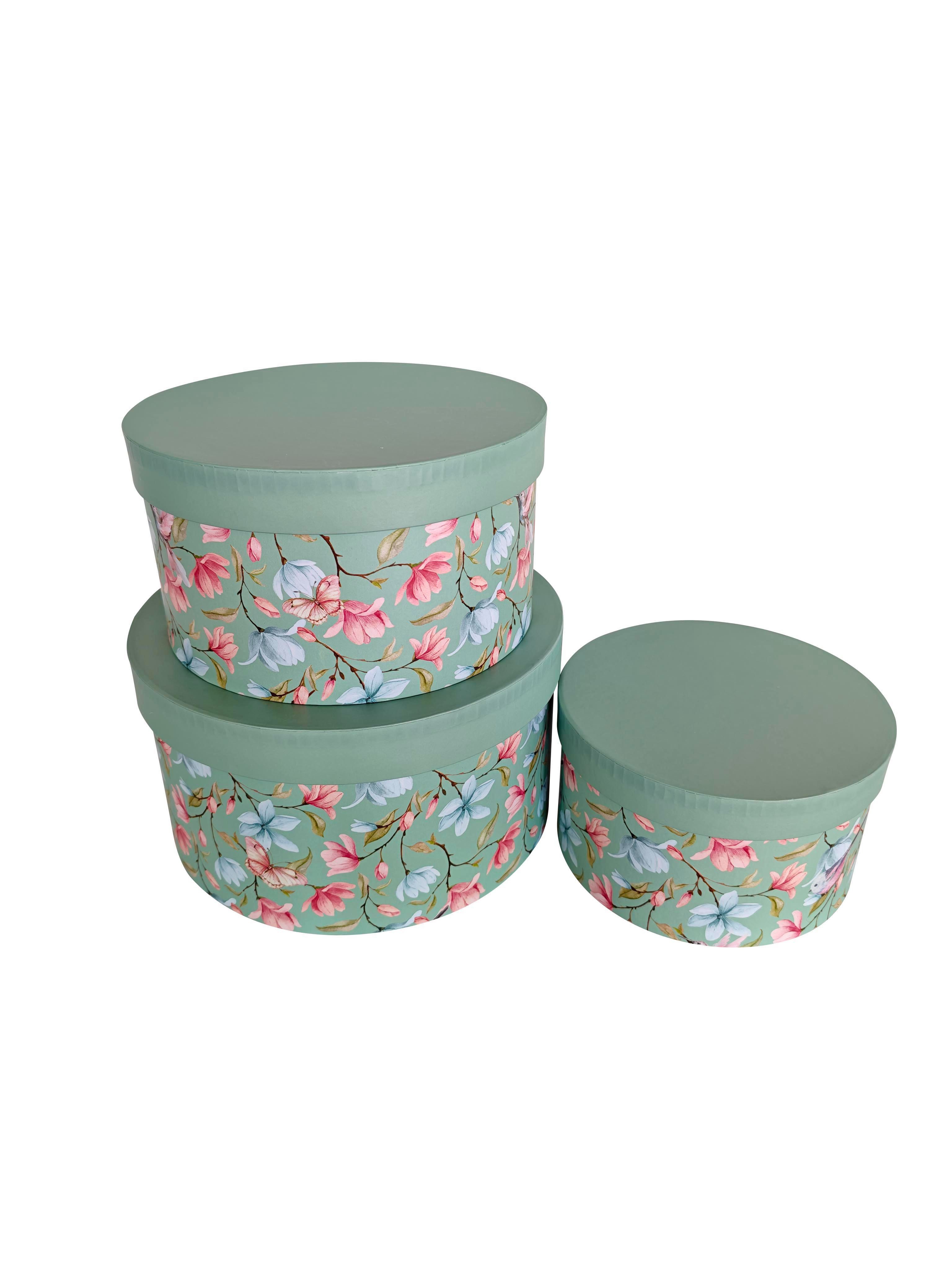PapeRoom Geschenkbox 3er Set grün mit Blumenmuster - rund (3 St)