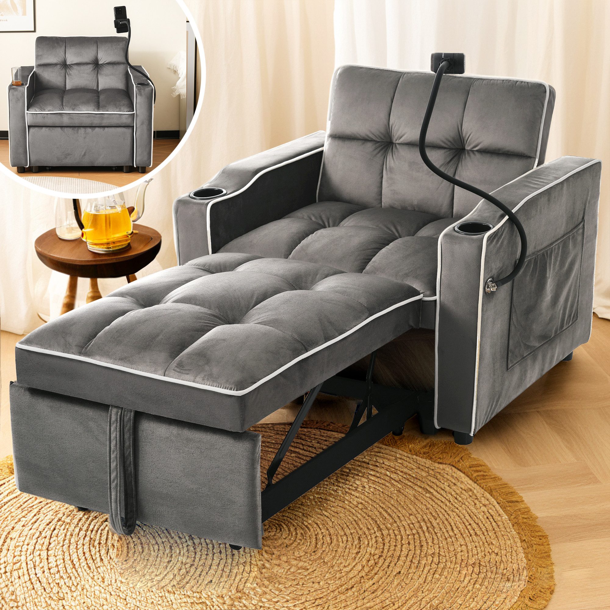Merax Schlafsofa mit 3-in-1 Bettfunktion, 1 Teile, Loungesessel mit Getränke- & Handyhalter, Ausziehbares Sofa Liegestuhl