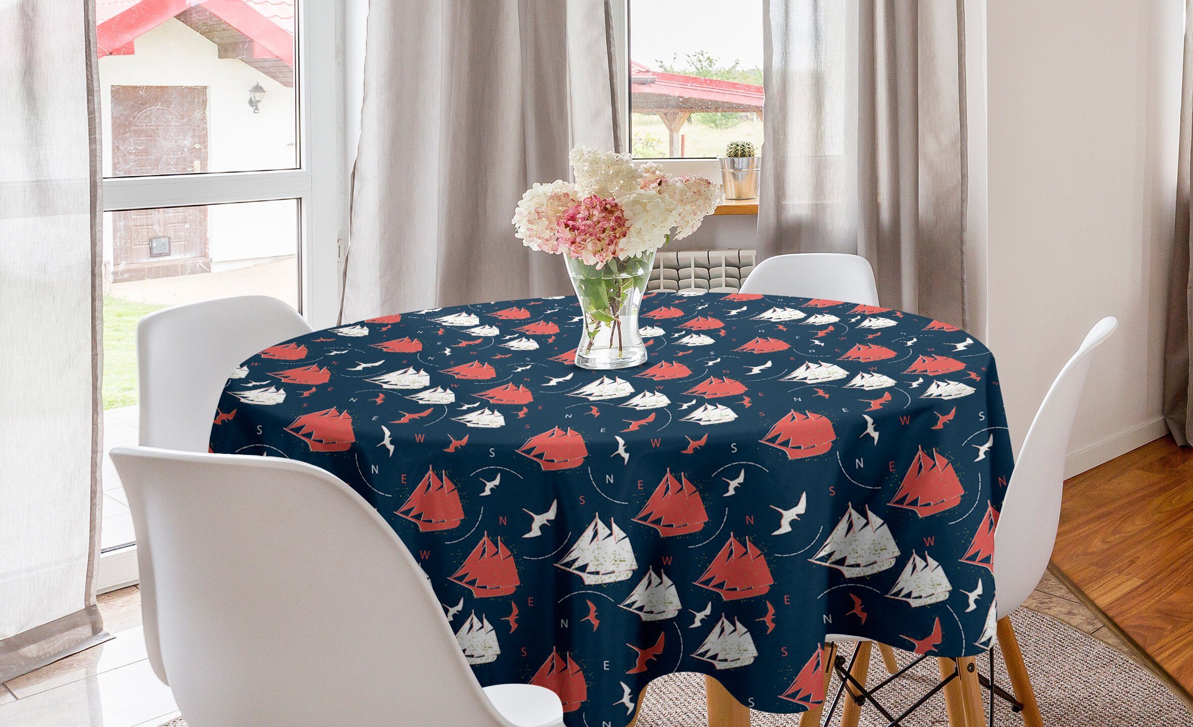 Abakuhaus Tischdecke Kreis Tischdecke Abdeckung für Esszimmer Küche Dekoration, Marine Grunge Segelboote und Vögel