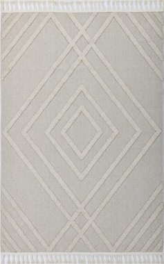 Teppich »Chirssina«, Leonique, rechteckig, Höhe: 18 mm, Hoch-Tief-Struktur, Woll-Look, Boho, mit Fransen, Rauten-Muster