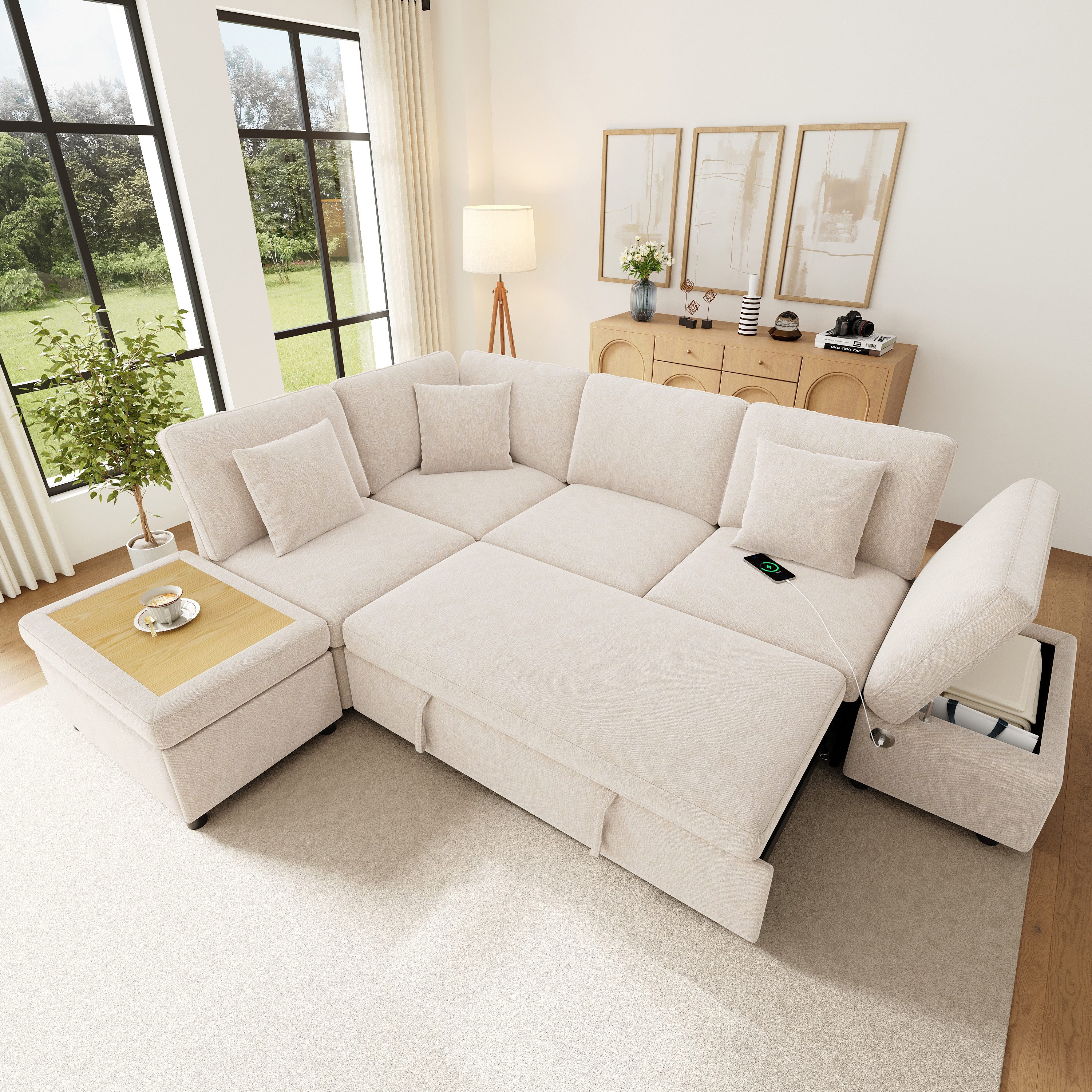 Merax Ecksofa mit Schlaffunktion, links/rechts wechselbares Schlafsofa, Chenille, 1 Teile, modularer 6-Sitzer-Sofa mit Stauraumhocker,Kissen,USB/Type-C Anschluss