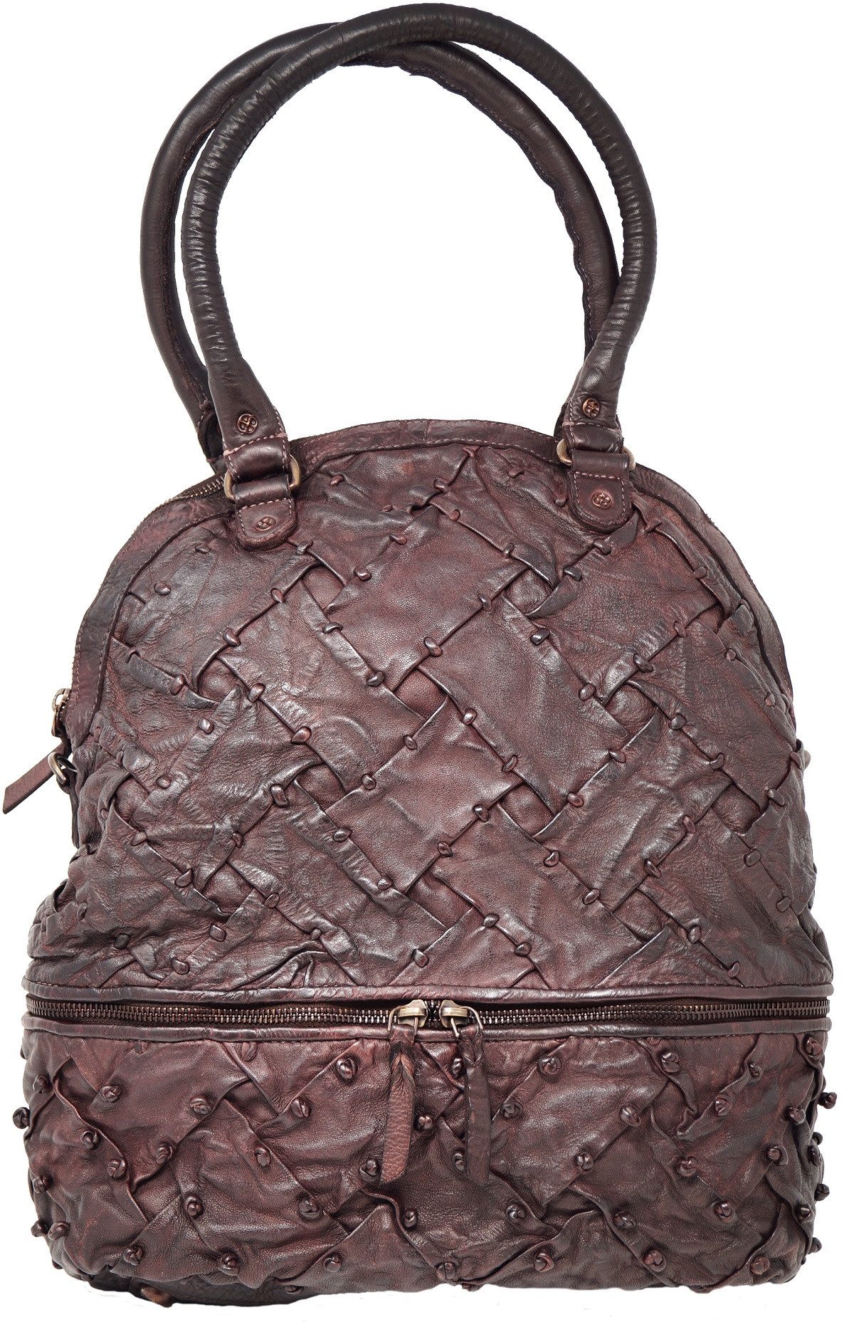 Desiderius Handtasche DESS1702, Celeste Lederhandtasche mit Reißverschluss, Falttechnik mit zusätzlichen Knoten