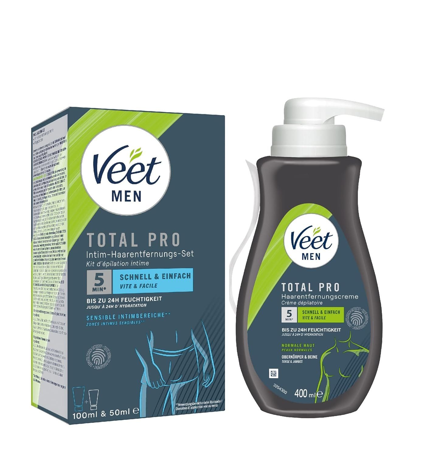 Veet MEN Enthaarungscreme Intim-Haarentfernungs-Set, Komplettpaket, 3 St., Creme 100ml & Balsam 50ml + Creme Sensitive Power 400ml, dermatologisch getestet