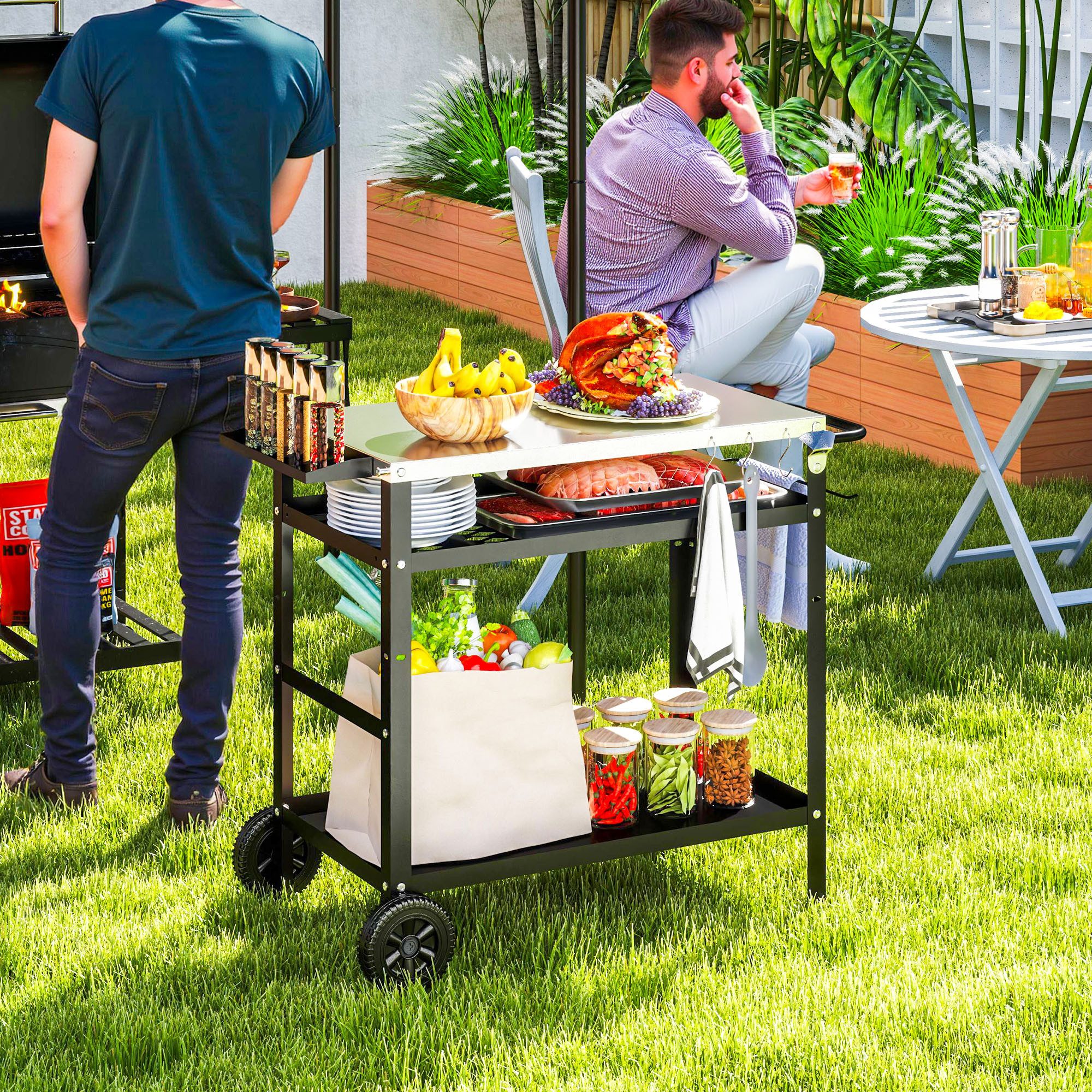 Outsunny Servierwagen 3-Etagen, mit Arbeitsfläche, Griffe, günstig online kaufen