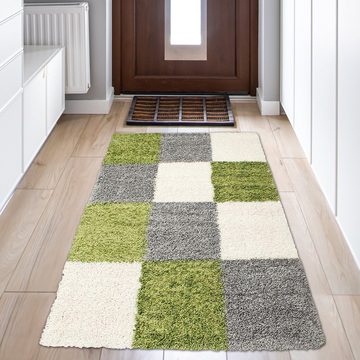 Teppich Shaggy Teppich Hochflor Wohnzimmer Karomuster grün grau creme, Teppich-Traum, rechteckig, Höhe: 30 mm