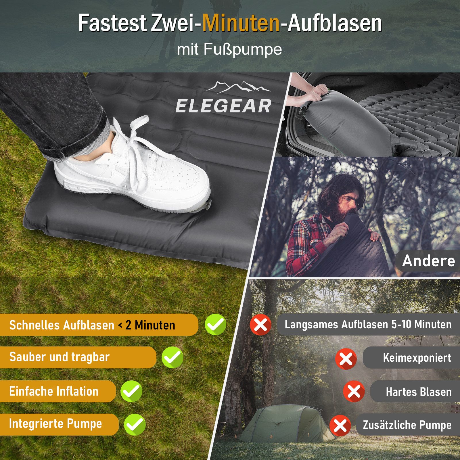 Elegear Isomatte 10cm dicke Campingmatte, 200×65/140CM Aufblasbar Superleicht, (1-tlg), Camping Isomatte Schlafmatte, leicht zu tragen, camping zubehör