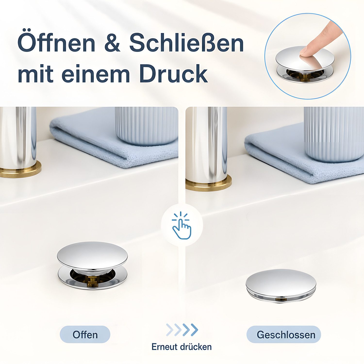 SURFOU Waschbeckenstöpsel Waschbecken Pop-up Ablaufventil für Waschbecken und Waschtisch, (aus Edelstahl Waschbeckenstöpsel Abflussstopfen), Abflussgarnitur Ohn – Bild 5 von 5