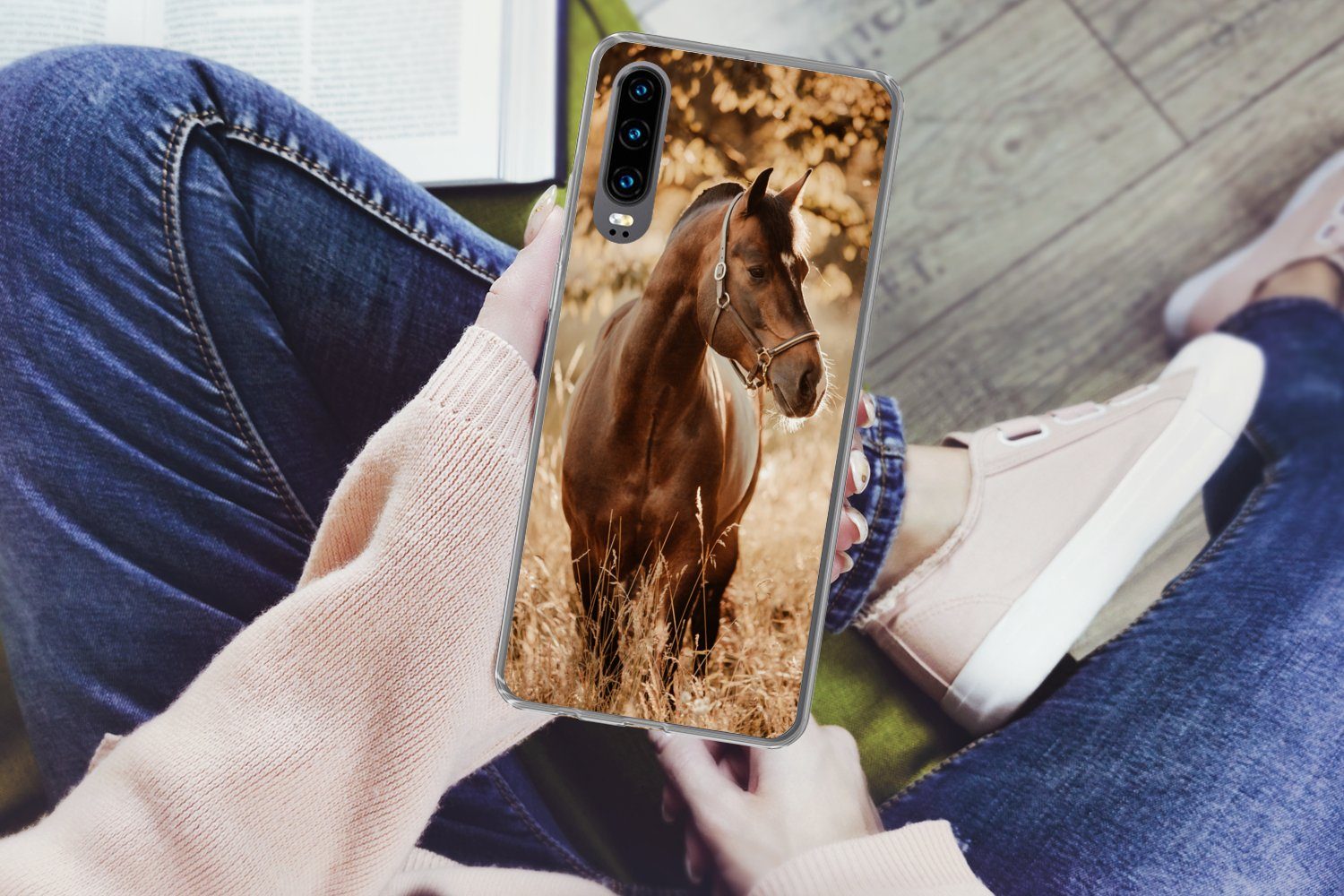 MuchoWow Handyhülle für Huawei P30 Pferd - Sonne - Porträt - Natur - Braun, Handy Case, Silikon, Bumper Case Dünn