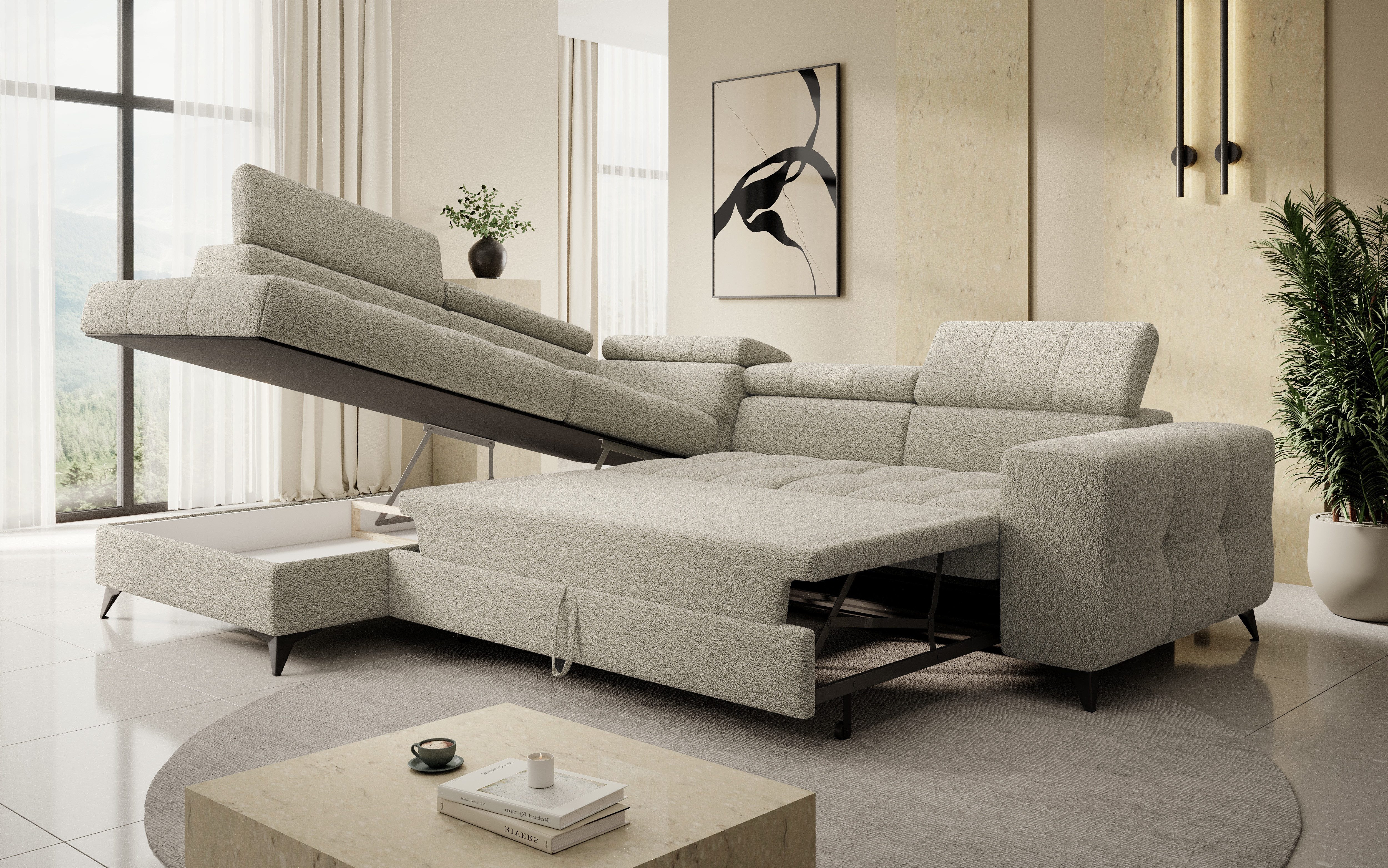 thematys Ecksofa SORANO mit Schlaffunktion & Bettkasten – L-Form, Bouclé und Velours, - mit verstellbaren Kopfstützen, – L-Form 270×203 cm – Schlafsofa mit Ausz – Bild 4 von 5