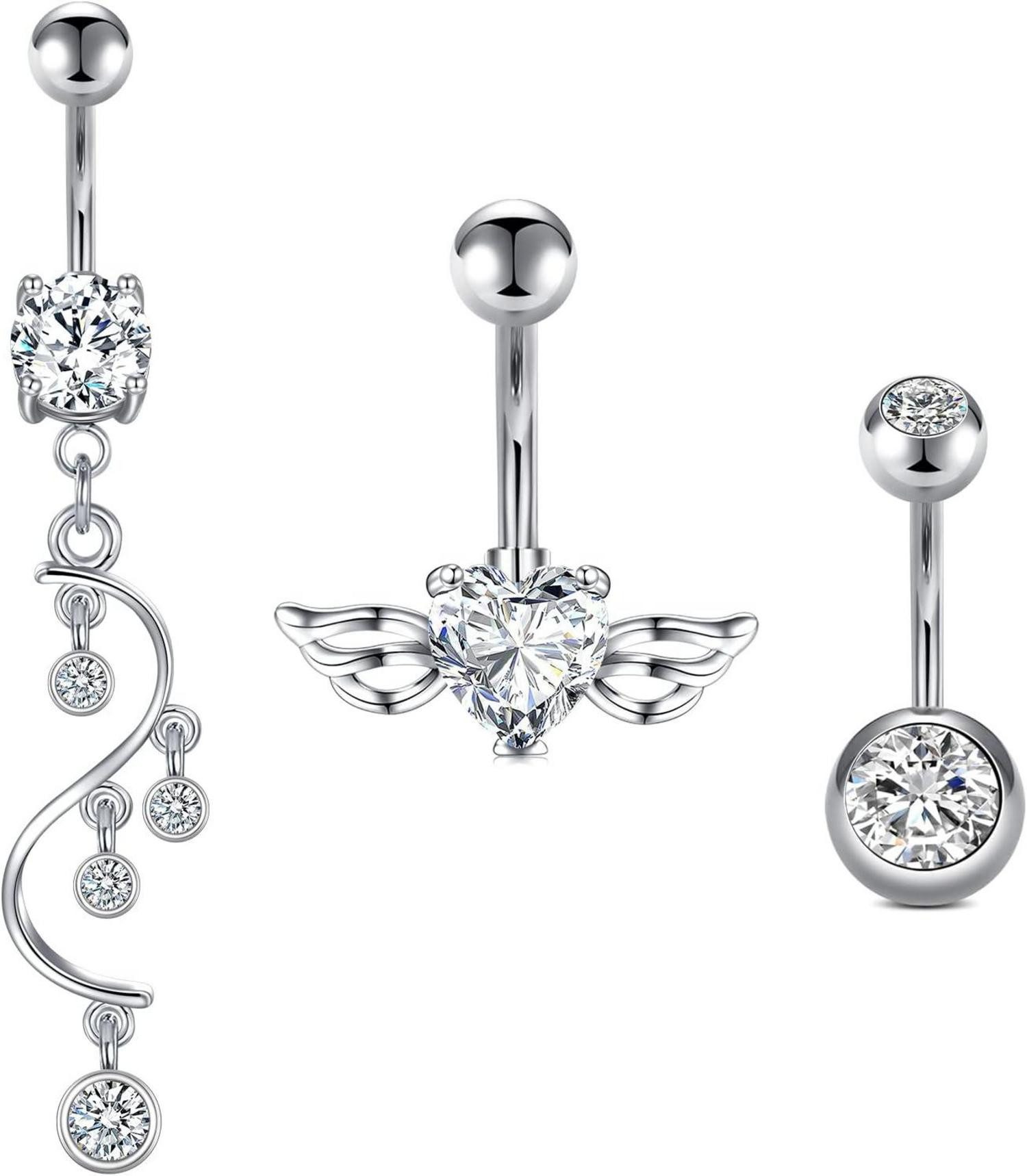 Bauchnabelpiercing Bauchnabelpiercing 3er Set Silber Kristall Herz Anhänger 10mm
