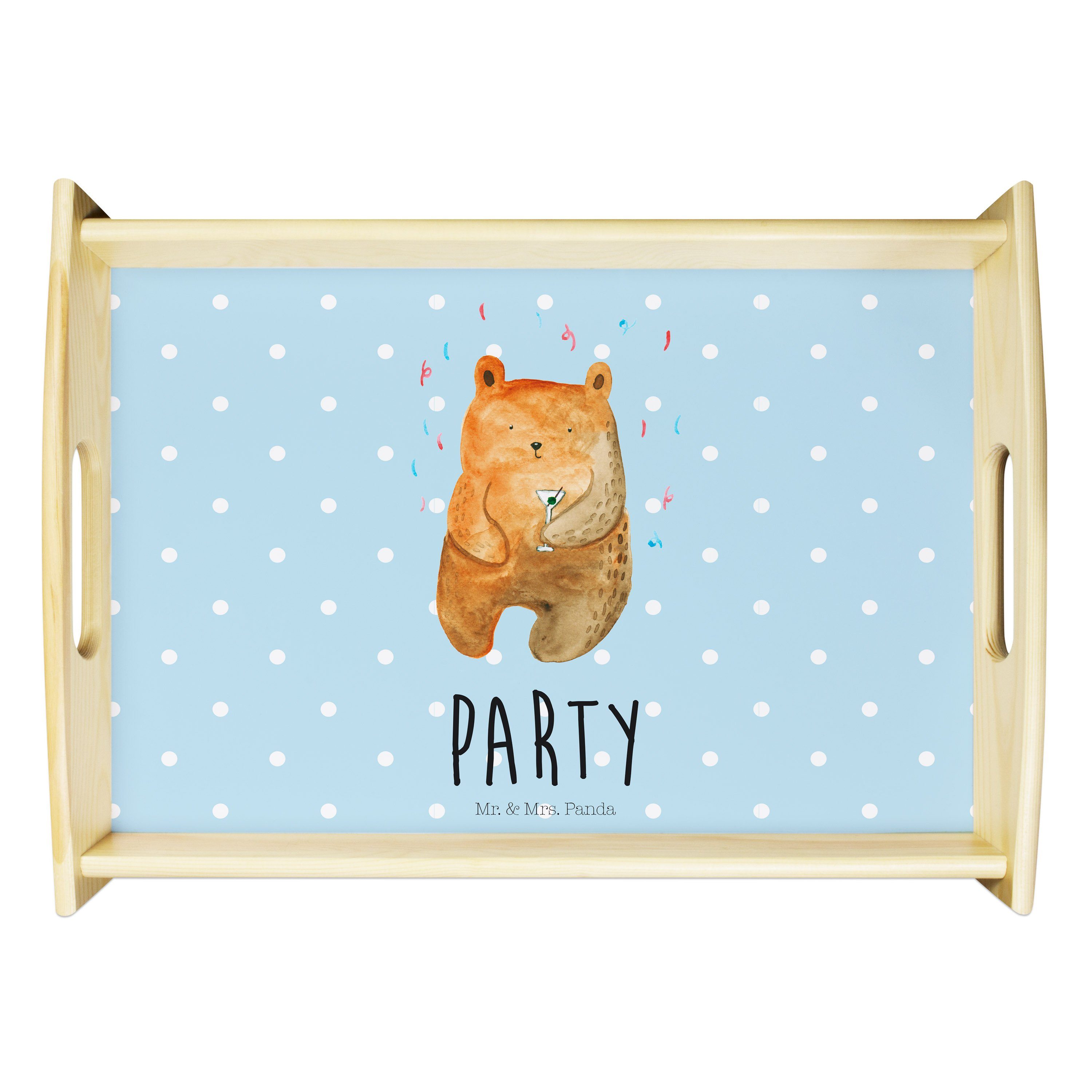 Mr. & Party Panda Geschenk, Frühstü, - Blau Pastell Mrs. Tablett (1-tlg) Teddy, Bär Echtholz - Feiern, lasiert, Teddybär