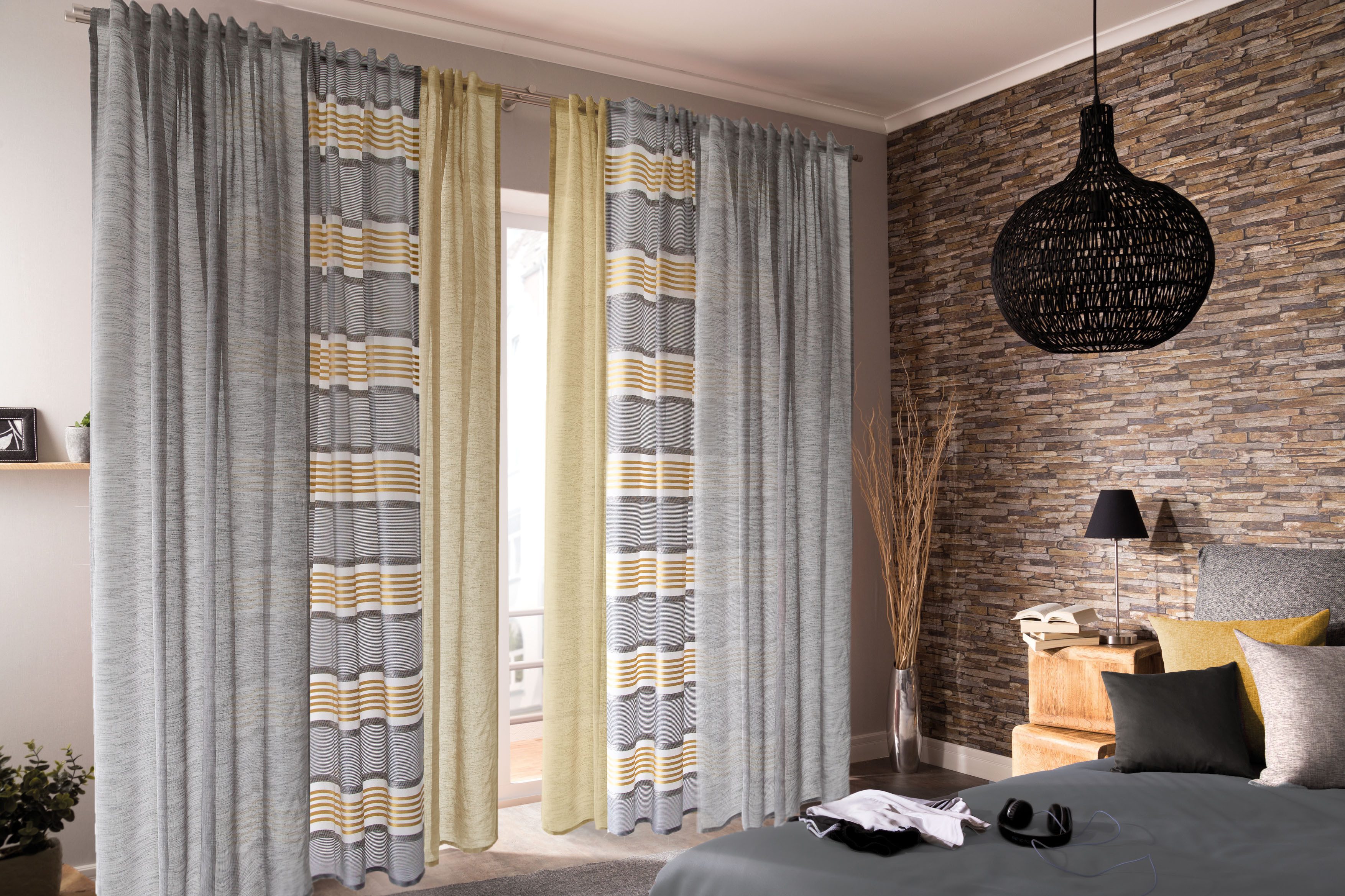 HOMING Vorhang Jannis (1 St), verdeckte Schlaufen, blickdicht, Streifen, safran, grau, Küche, Wohnzimmer