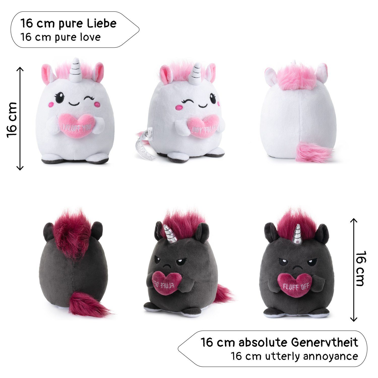 Corimori Kuscheltier Stimmungskuscheltier, 16cm Plüschtier zum Wenden, Einhorn oder Axolotl (Geschenk, Packung), Einhorn Lily & Ruby weiß, rosa, anthrazit, fröhlich vs. genervt