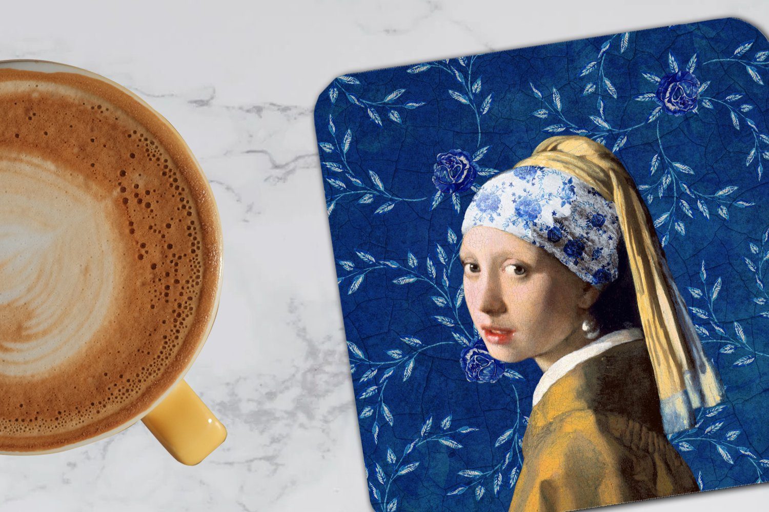 Mädchen Vermeer - mit Tasse Delfter Zubehör 6-tlg., Gemälde, - - - Perlenohrring Tischuntersetzer, Gläser, Blau Korkuntersetzer, MuchoWow Blumen Glasuntersetzer für Glasuntersetzer, Untersetzer,