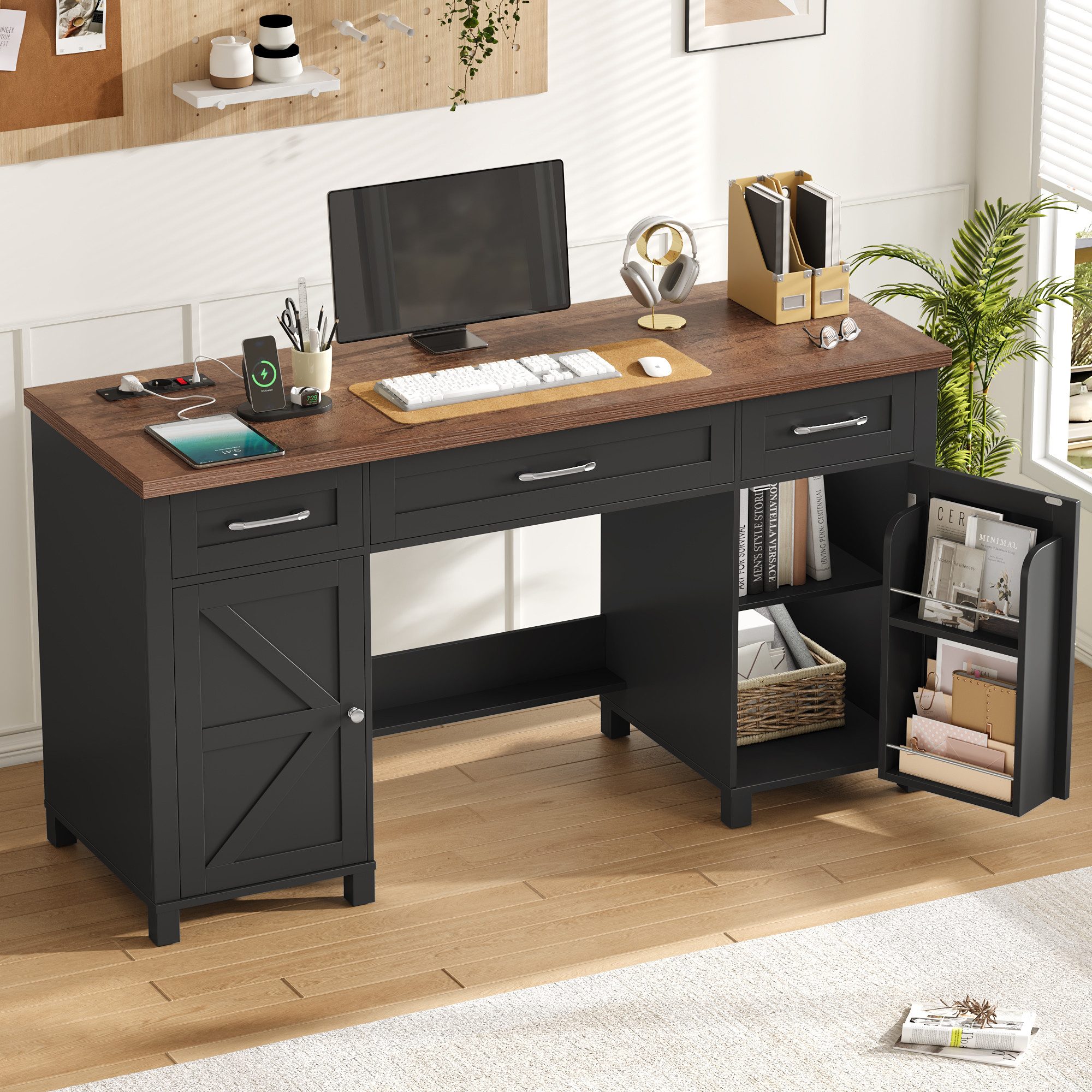 Homfa Schreibtisch mit Steckdose Computertisch mit Schubladen 150 x 48 cm, Schreibtisch mit Stauraum, Schminktisch, 2 AC und 2 USB, schwarz