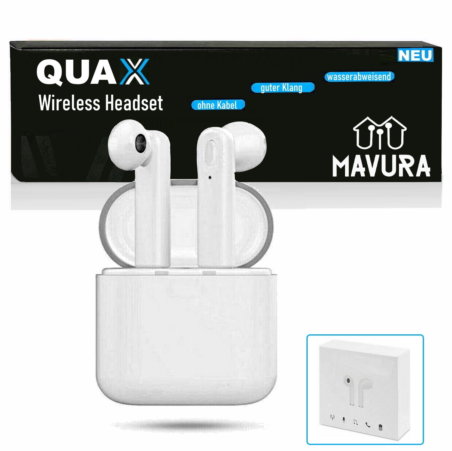 MAVURA QUAX Wireless Bluetooth Навушники - Universal In Ear Навушники Headset wireless Навушники-вкладиші (Kopfhörer, für Iphone Samsung HTC LG Huawei weiß)