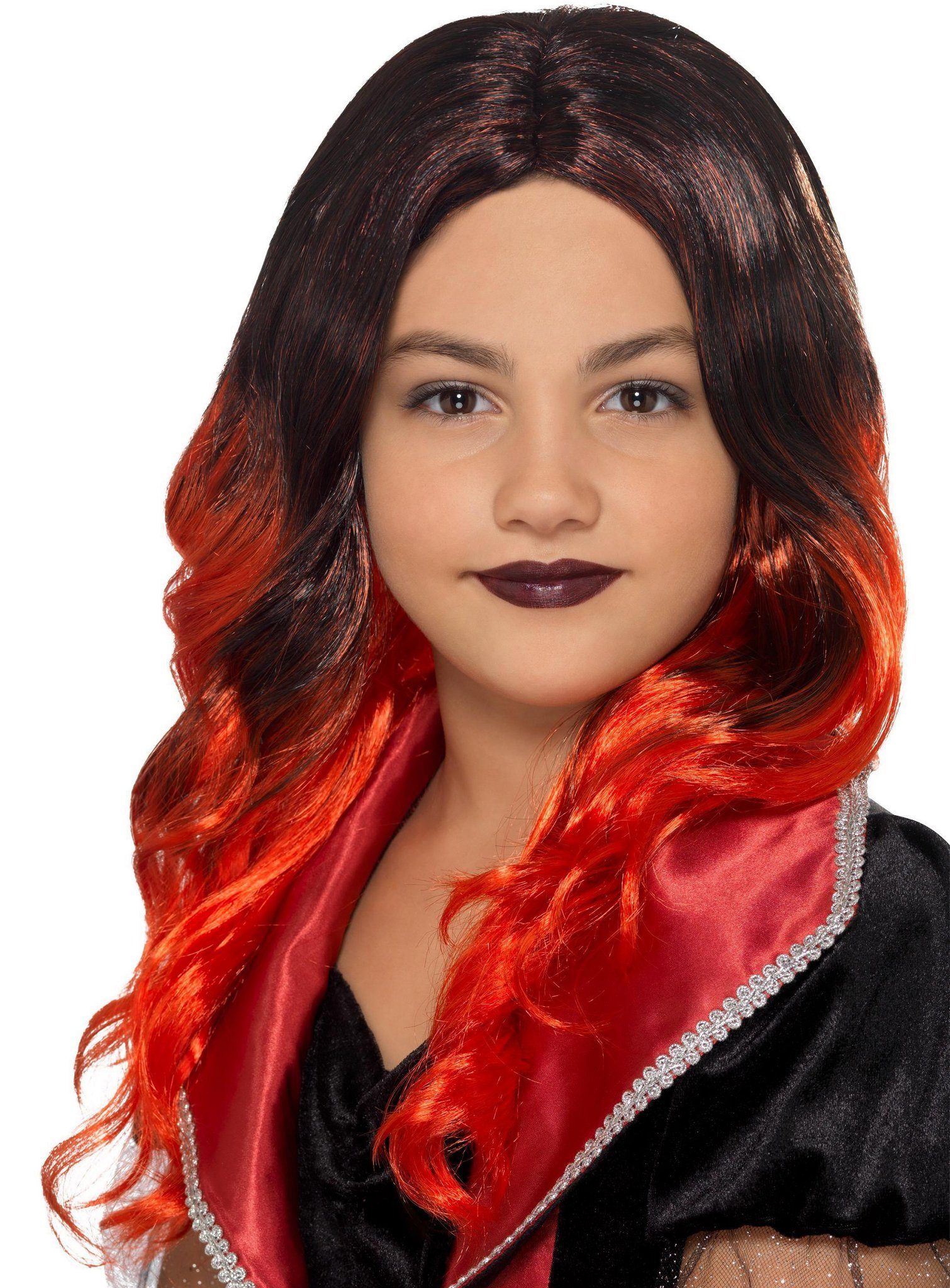 Smiffys Kostüm-Perücke Langhaar schwarz-rot, Ombré Hair-Perücke mit zweifarbigem Farbverlauf
