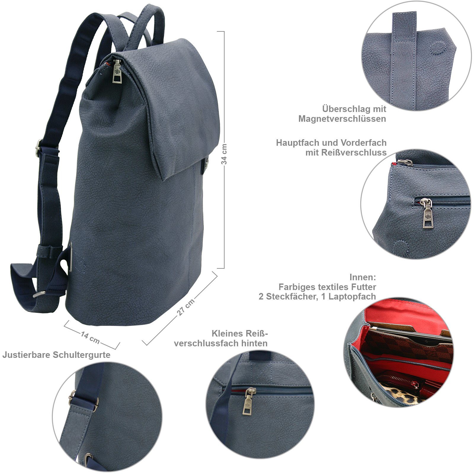 J JONES JENNIFER JONES Cityrucksack - Damen Daypack - Modischer handlicher Freizeitrucksack mit Tabletfach