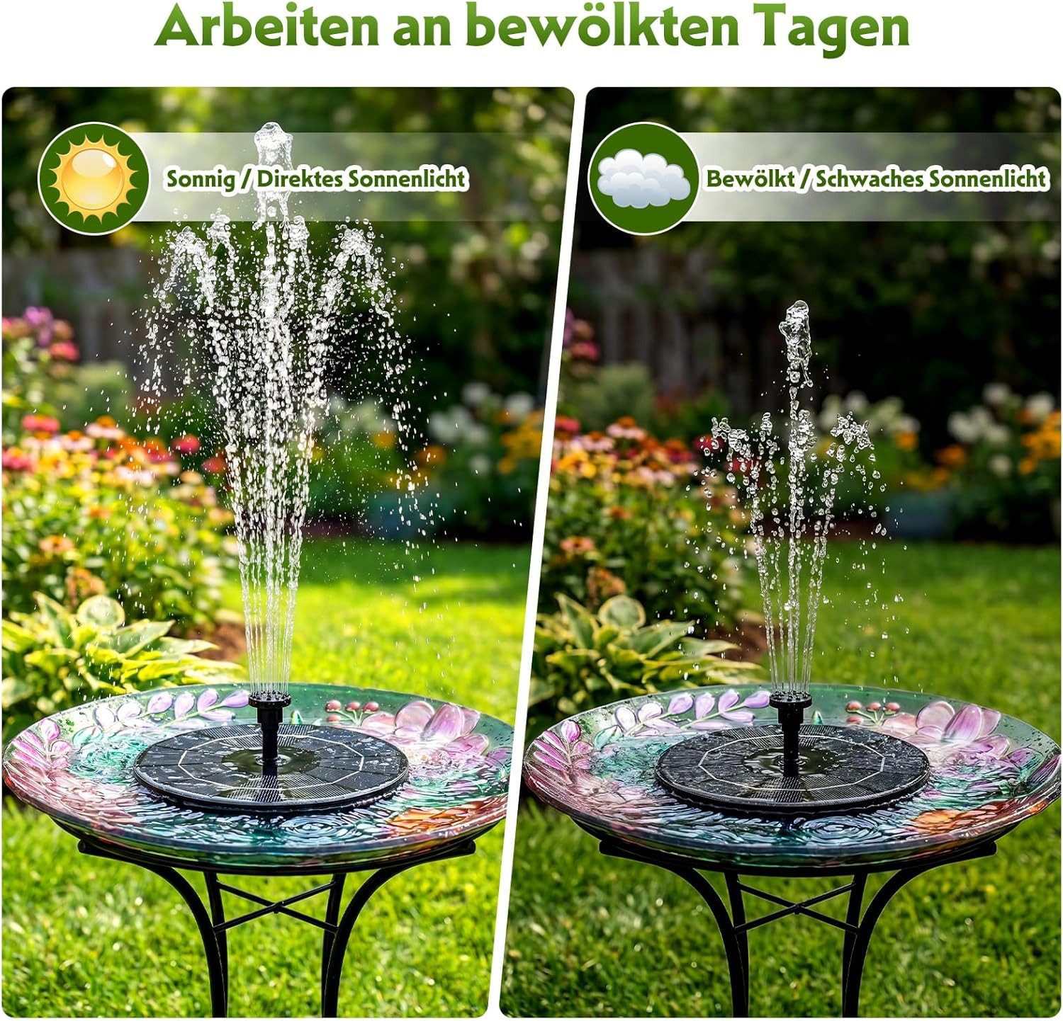 FELIXLEO Gartenbrunnen Solarbrunnen 3.5W Akku 9 Fontänen Garten Vogelbad Teich Pumpe, (1 tlg)