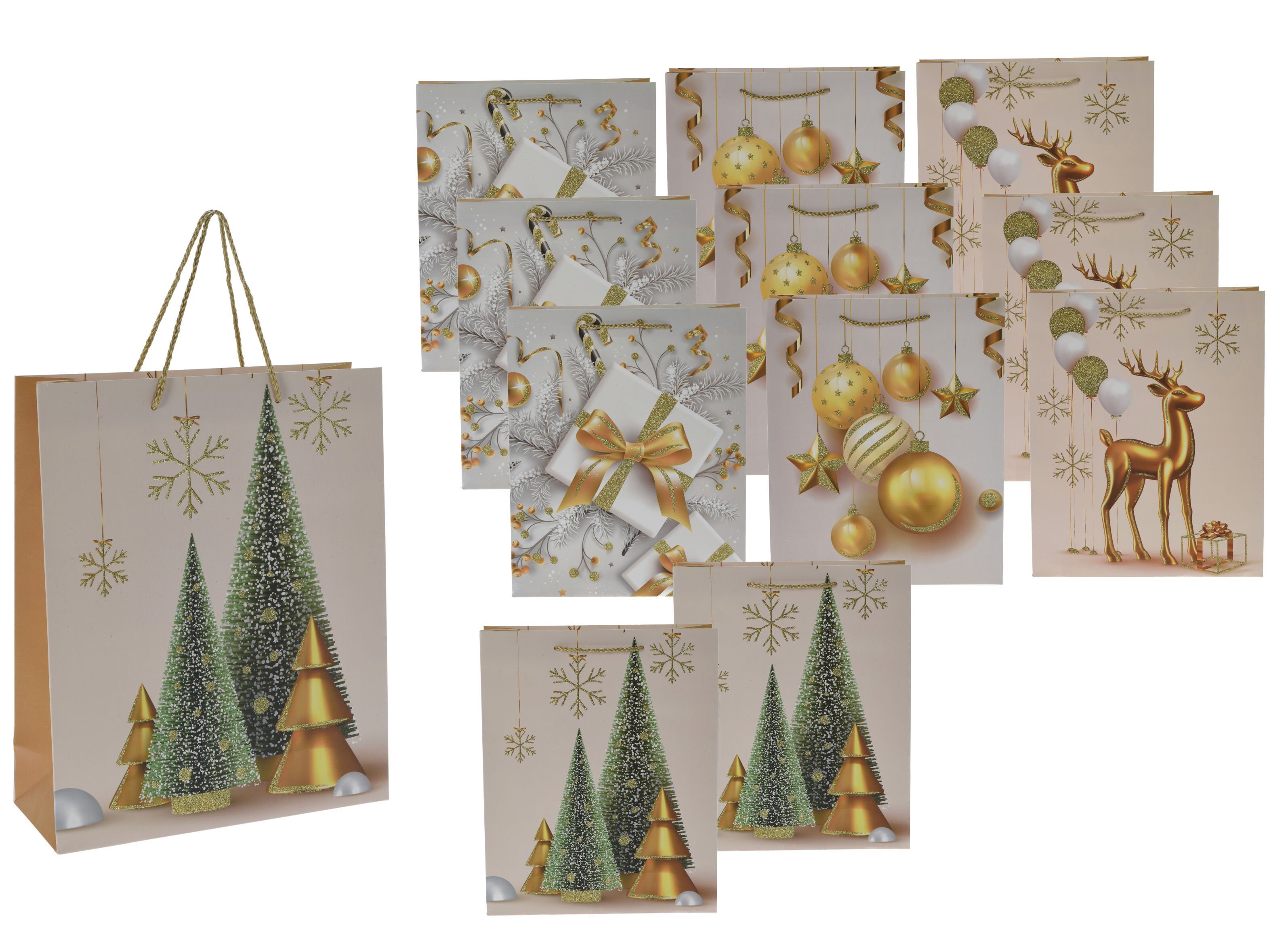 - - goldener 12er Geschenkpapier 4 (12St), Glitzer Weihnachts Motive mit Spetebo Geschenktüte mit Flaschentüte Set, Kordel