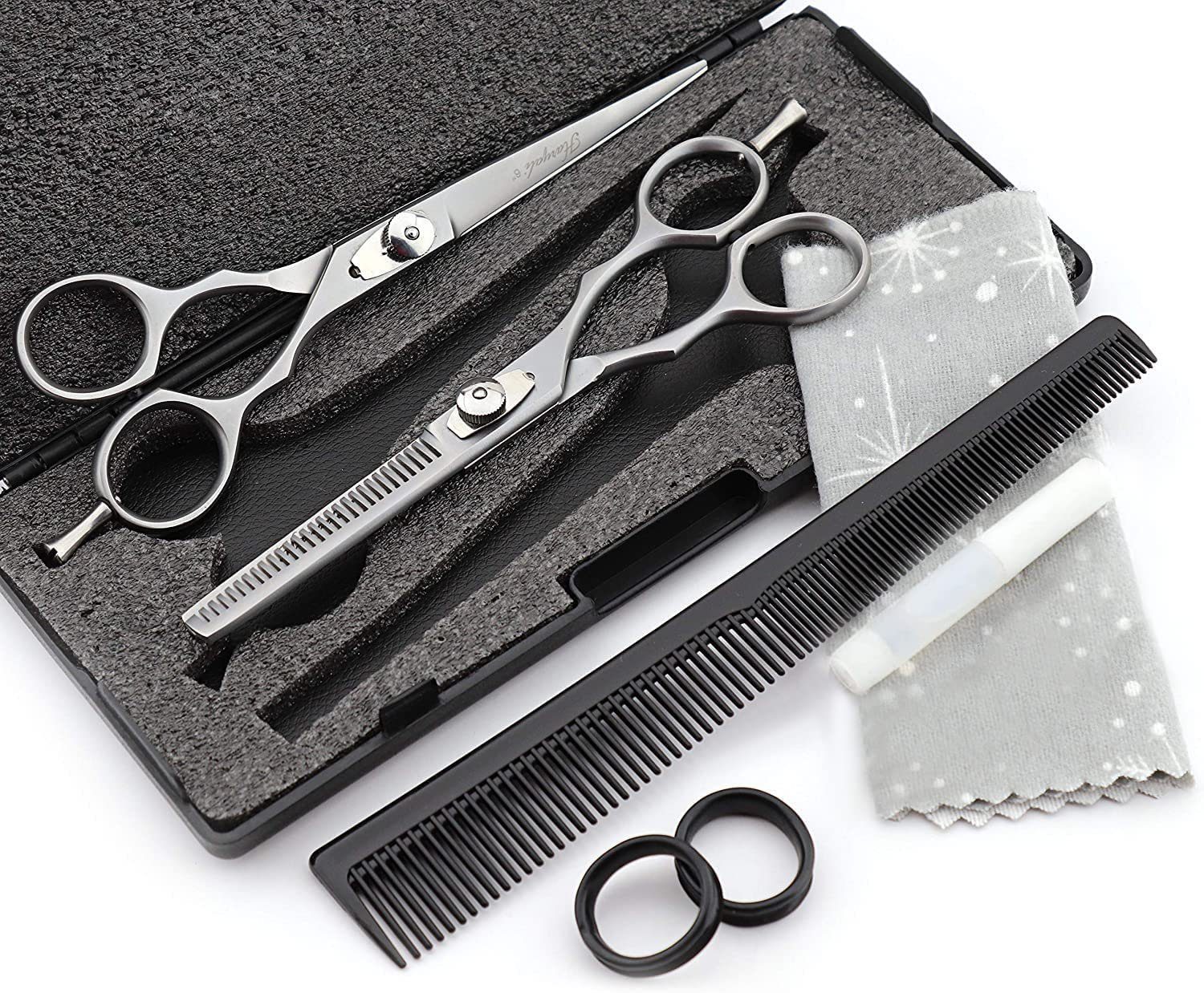 Haryali London Haarschere Friseurscheren-Set, Haarschere & Effilierschere, 6,5 Zoll, (Friseur, 2-tlg., comb, cleaning cloth, cutting scissor, thinnng scissor), Bis zu 6,5 Zoll langes Premium-cmfert