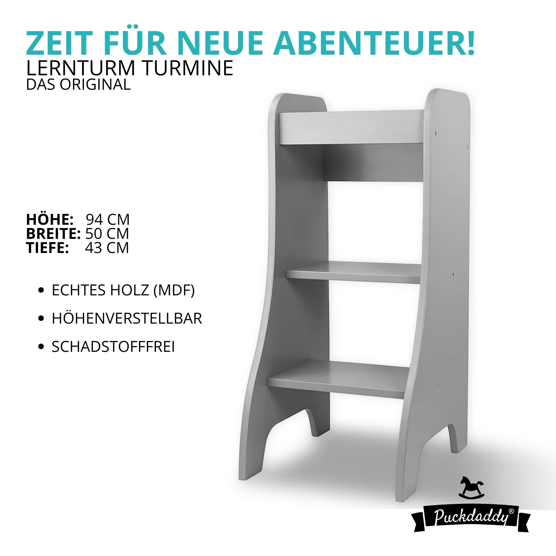 Puckdaddy GmbH Stehhilfe Lernturm ab 1 Jahr, Tritthocker Grau, höhenverstellbar, Holz, stabil