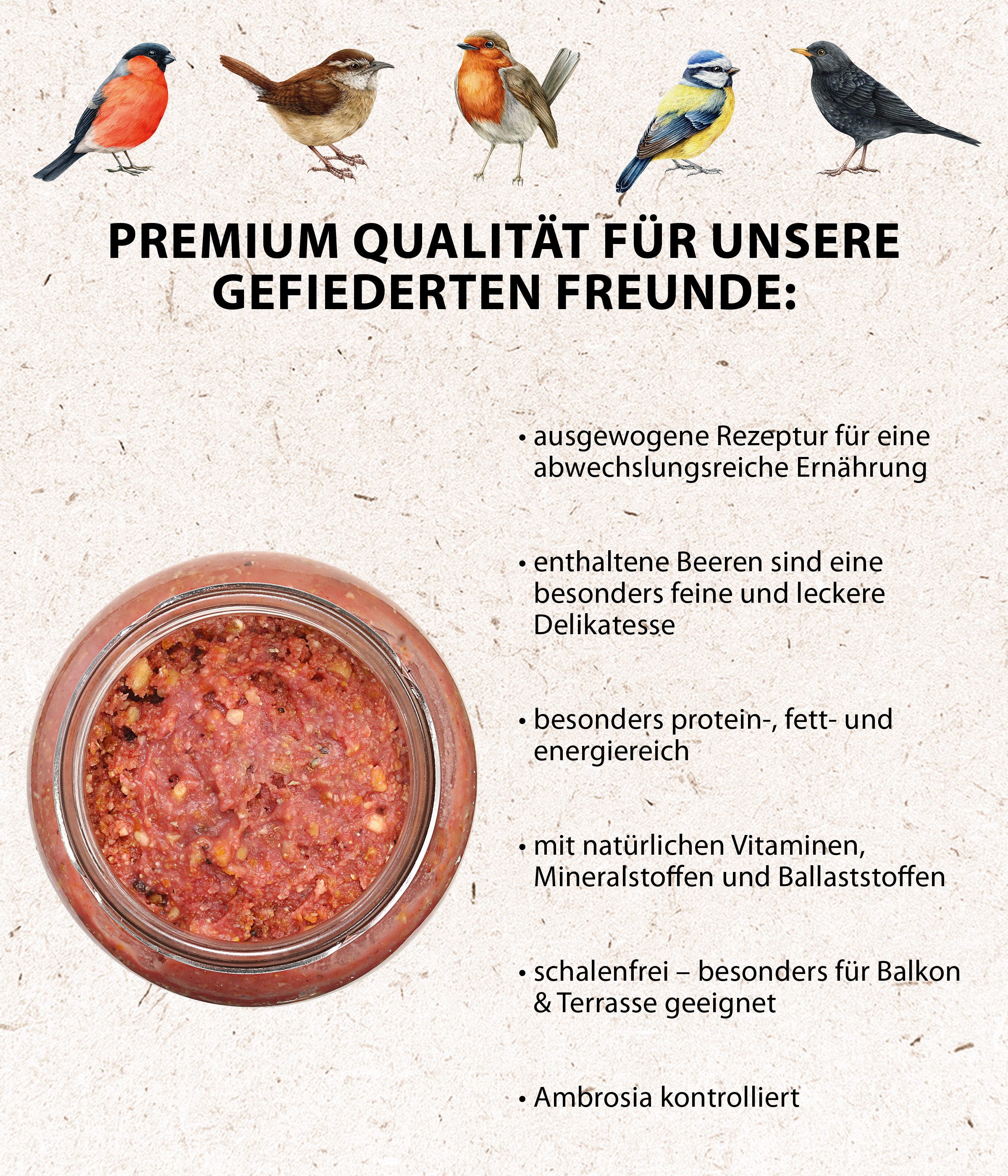 Dehner Natura Premium Erdnussbutter Beere im Glas, 8 x 340 g Erdnuss, Hauptfutter für: Wildvogel, Gartenvögel, Wildvogelfutter mit feinen Beeren, ungesalzen