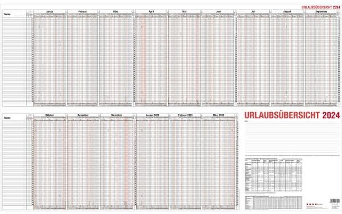GÜSS Kalender Jahresplaner Urlaubsübersicht 100x60cm für 40 Mitarbeiter-Kalendarium 2026