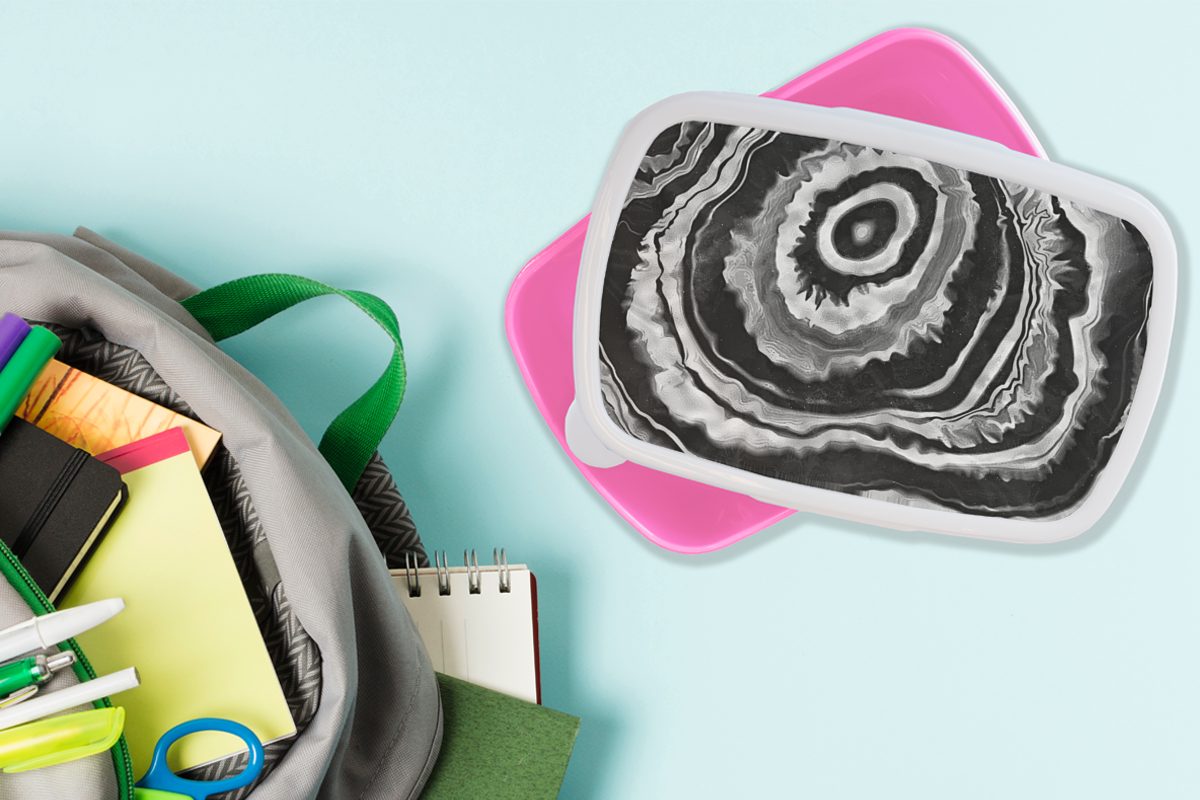 Snackbox, Brotbox Mädchen, Erwachsene, Marmor Lunchbox - MuchoWow (2-tlg), Kunststoff, Kinder, Kunststoff Schwarz rosa Brotdose - für Kreis,