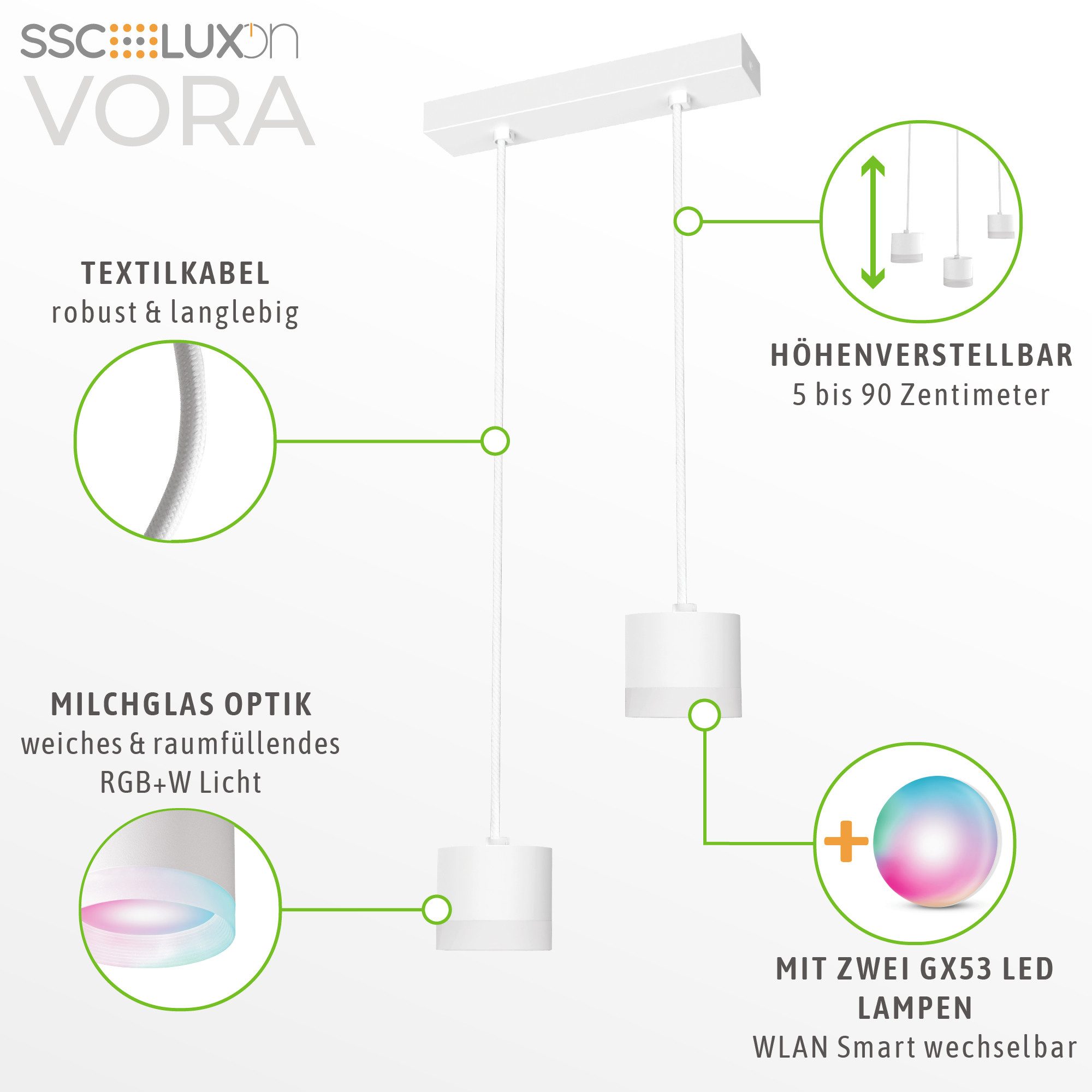 SSC-LUXon LED-Hängeleuchte VORA Hängeleuchte 2-flammig mit Smart GX53 LED 6W RGBW WLAN, Smart