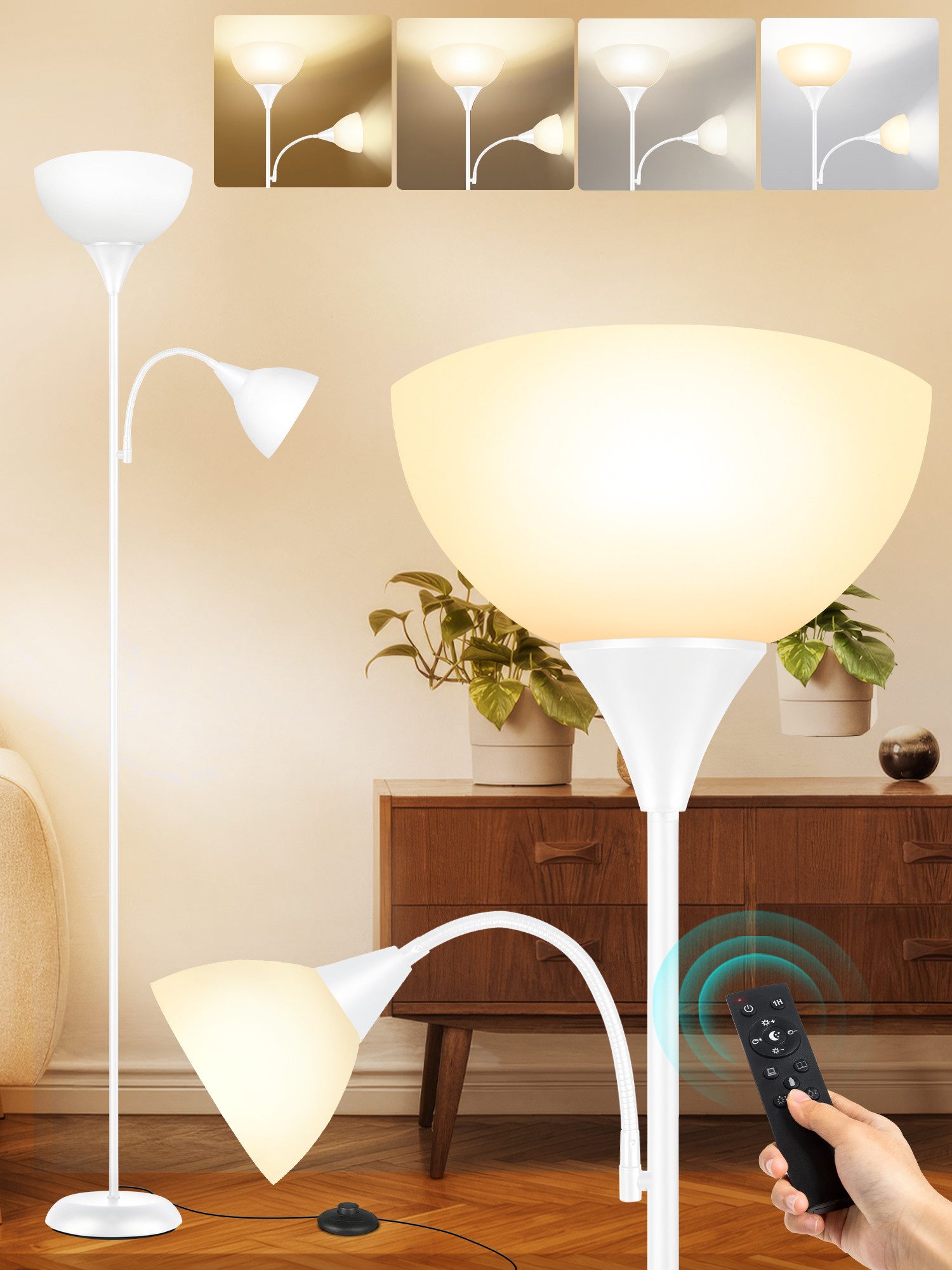 OUTON LED Stehlampe Bodenlampe mit Fernbedienung, 9W, 4 Farbtemperaturen, LED wechselbar, mit schwerem Standfuß und Acryl-Schirme