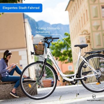 bergsteiger Cityrad Florenz 28 Zoll Damenfahrrad mit Korb, Beleuchtung, ab 160 cm, 7 Gang Shimano Tourney RD-TY21 Schaltwerk, Kettenschaltung