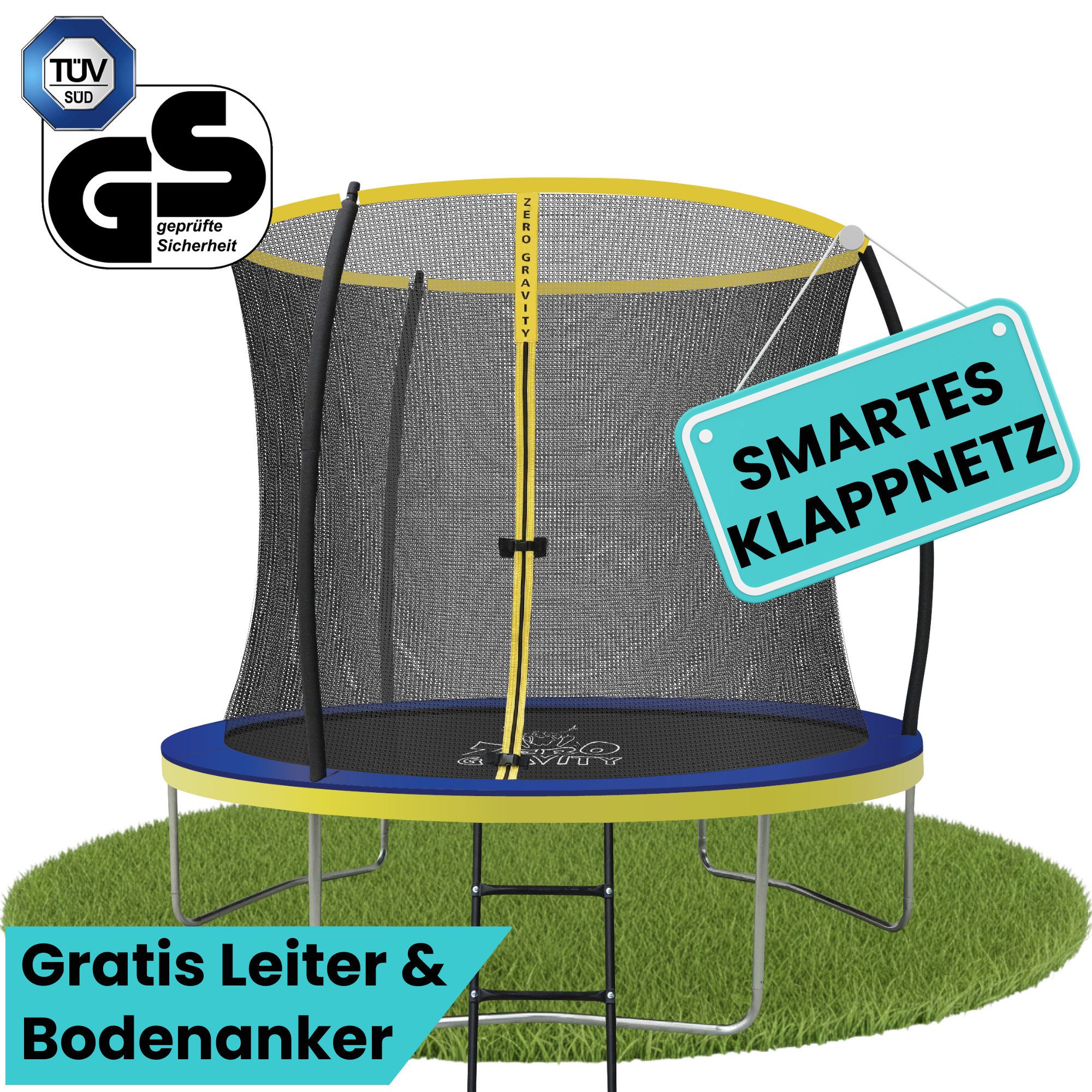 Zero Gravity Gartentrampolin Ø 183/244/305/366/427 cm, Trampolin Outdoor mit Leiter & 4xBodenanker, Ø 244 cm, Trampolin Outdoor Komplett-Set, TÜV GS, Smarter & schneller Netzabbau