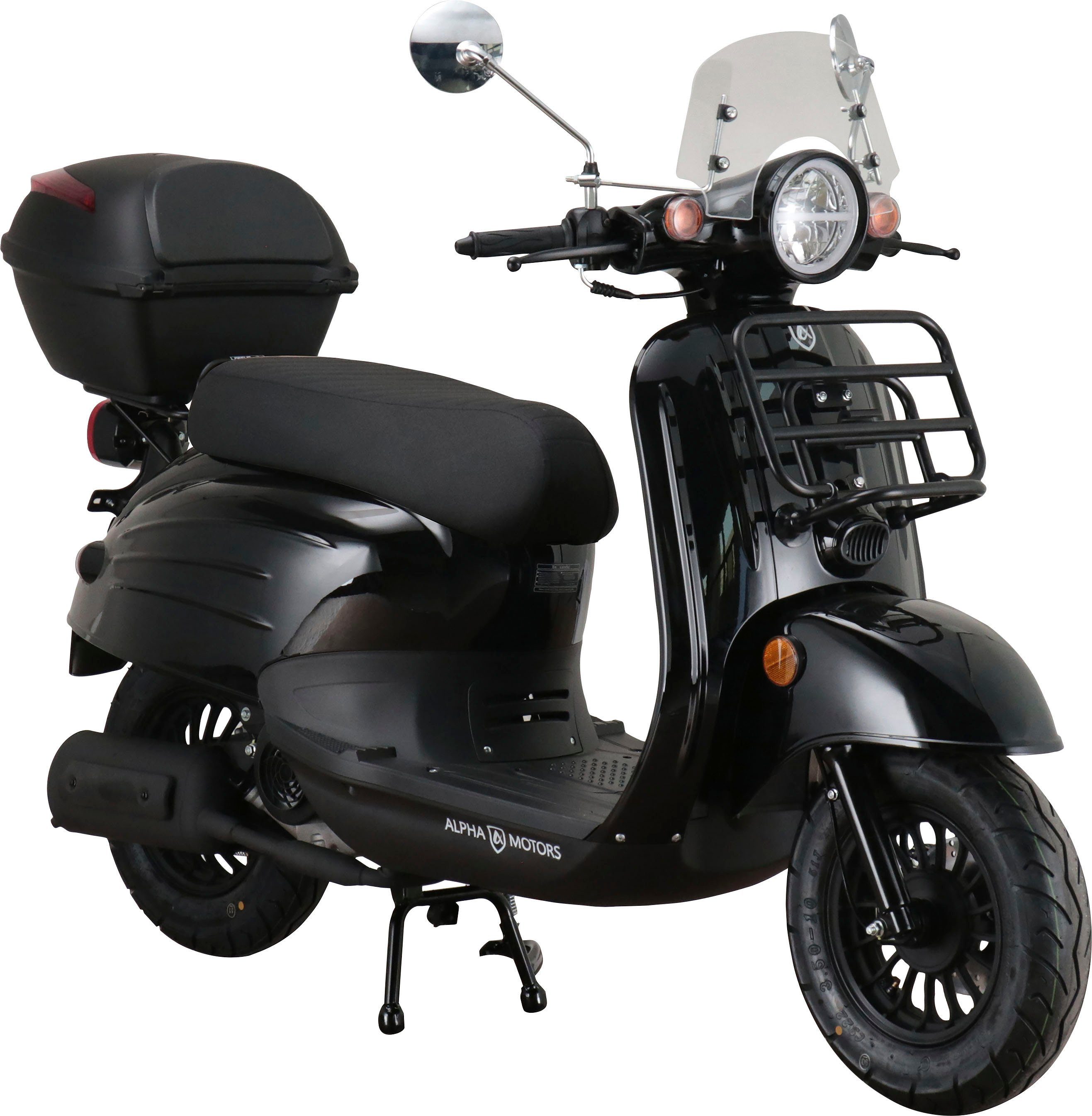 Alpha Motors Mofaroller Adria, 50 schwarz 5, und km/h, Topcase inkl. 25 ccm, Euro Windschild