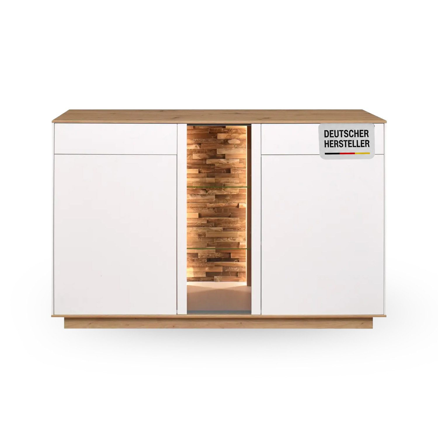 Storado Sideboard Faro Sockel 159×96×42cm, Sideboard mit Schublade, Farbe wählbar, LED-Beleuchtung, Push-to-open und gedämpfte Türen