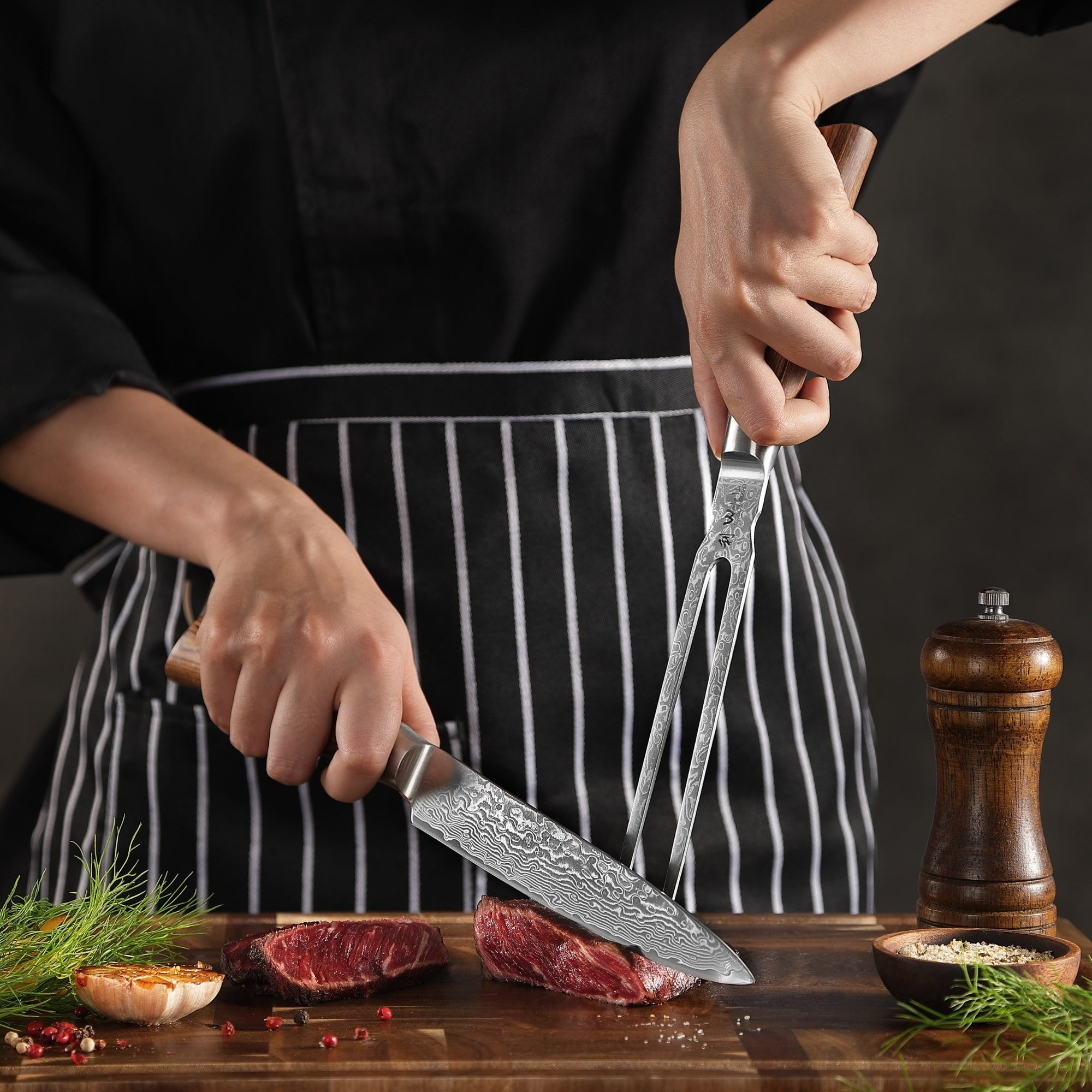 Wakoli Tranchiergabel Edib Pro Damast Tranchiergabel I Serviergabel Grillgabel I 18cm Klinge, 67 Lagen Damaststahl, VG-10 Stahlkern