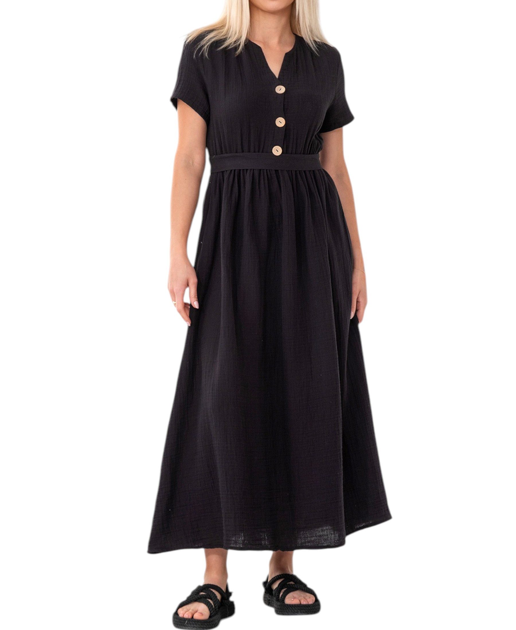 WENOR Sommerkleid Musselin Boho Kleid mit Knopfleiste & Taillenband, Freize günstig online kaufen
