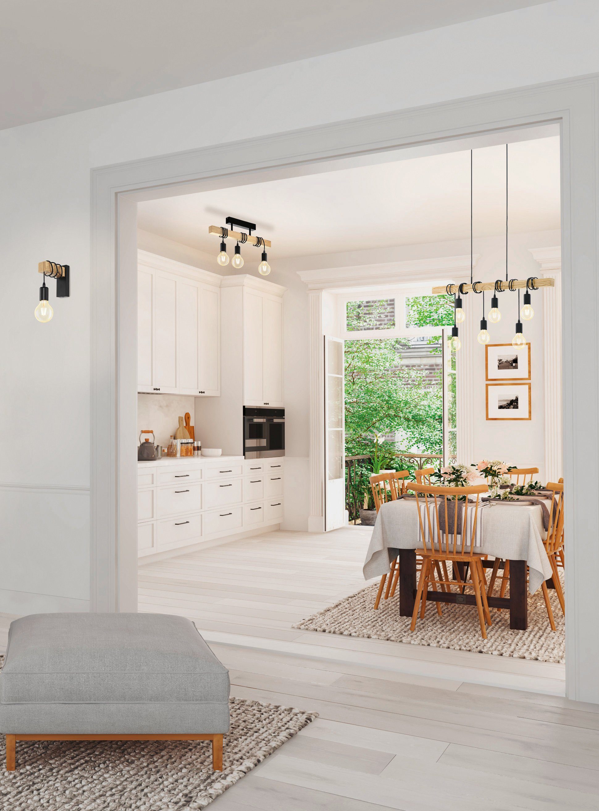 EGLO Deckenleuchte TOWNSHEND Deckenlampe, Holz, Stahl, Retro, Industrial, Wickeltechnik, ohne Leuchtmittel, Wohnzimmer, Esszimmer, 3-flammig, schwarz, braun, 55x10,5x26,5cm