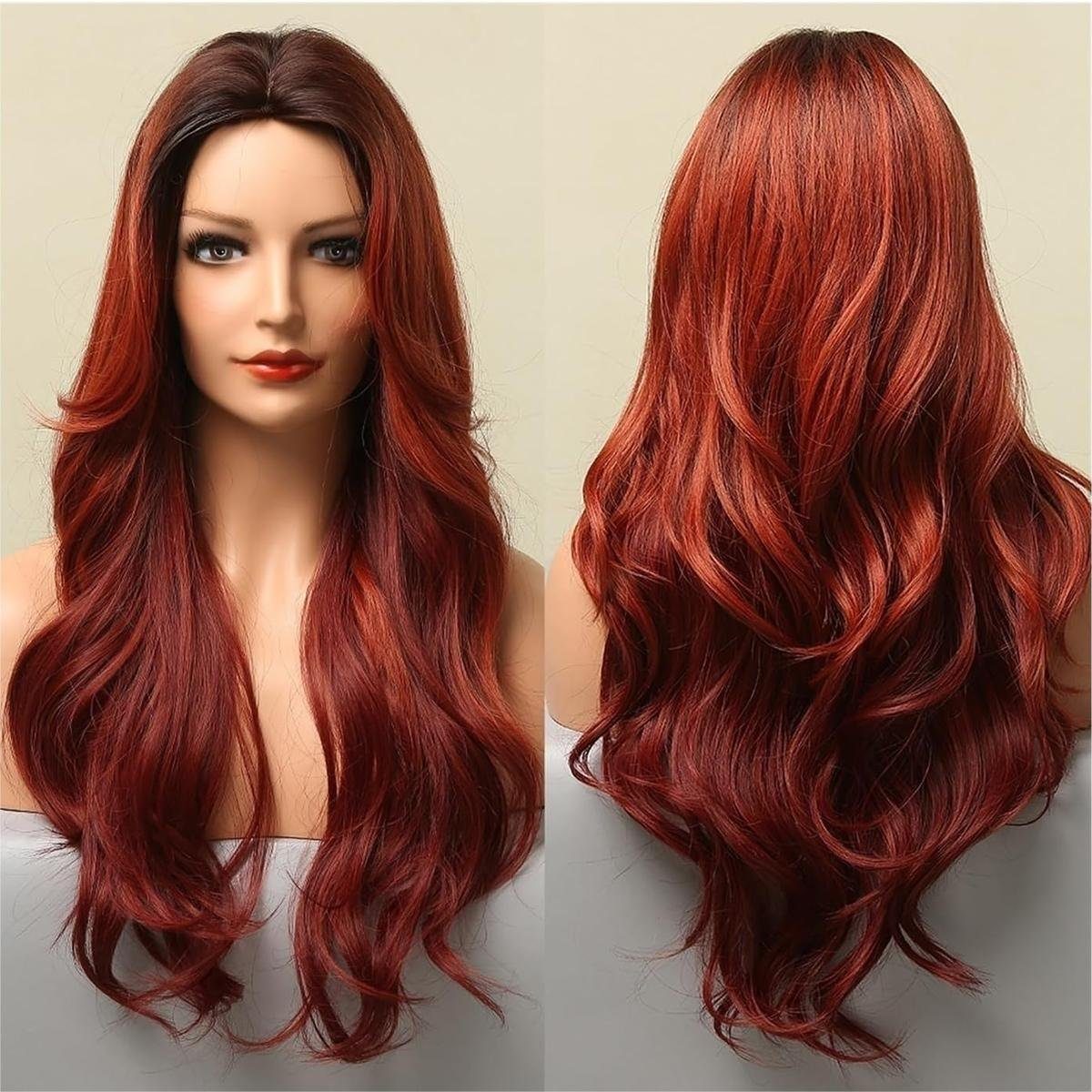 B.X Toupet Damen echte Haare Lange gewellte, rotbraune Synthetikperücke, Rote, große, gewellte, lange Perücke mit Mittelscheitel