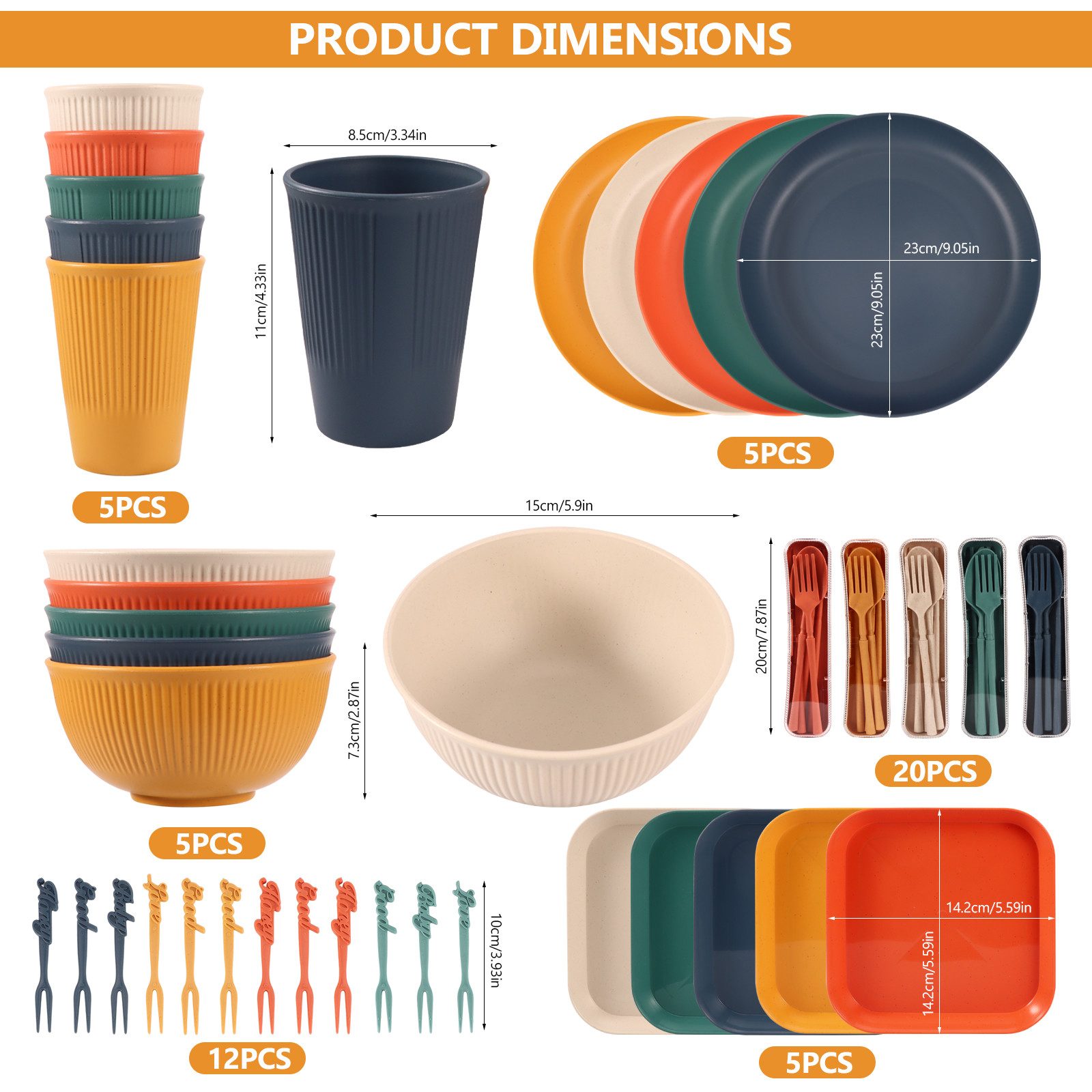 BlingBin Geschirr-Set 24 Teiliges Unzerbrechliches Camping Geschirr Set für 5-6 Personen (52-tlg), 5 Personen, Kunststoff, Kunststoff Servierteller Schüsseln Besteck für Party,Zuhause,Picknick