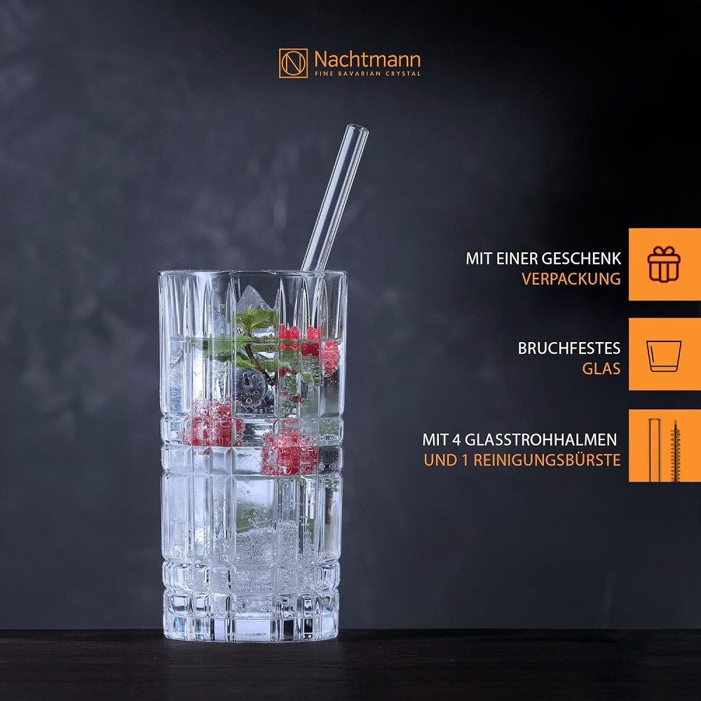 Nachtmann Longdrinkglas Nachtmann Square Longdrink 445ml 4er Set + Trinkhalme, Kristallglas – Bild 5 von 5