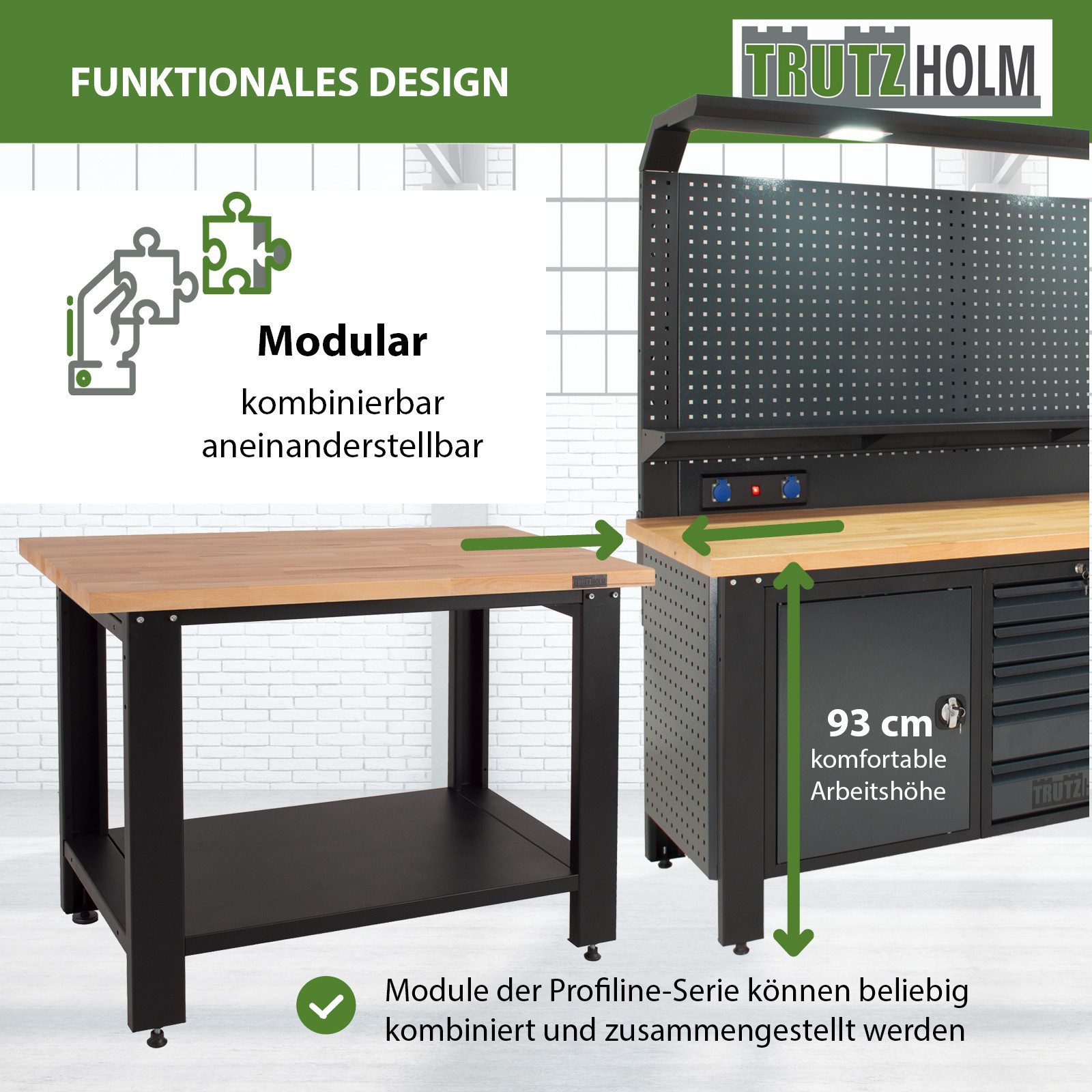 TRUTZHOLM Werkbank Profiline XL 110 x 65 cm 600 kg mit massiver Holzarbeitsplatte, (Artikel, 1-tlg), Mit strapazierfähiger Holzarbeitsplatte & praktischer Ablagefläche